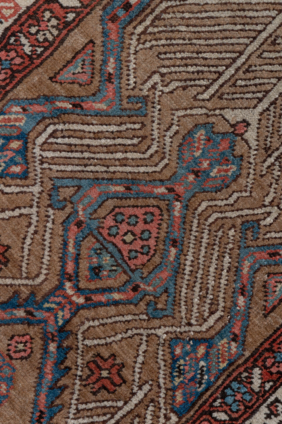 3' x 18' one-of-a-kind handmade vintage Serapi runner rug. Color palette: taupe, rust, ivory, blue, brown, slate, beige
