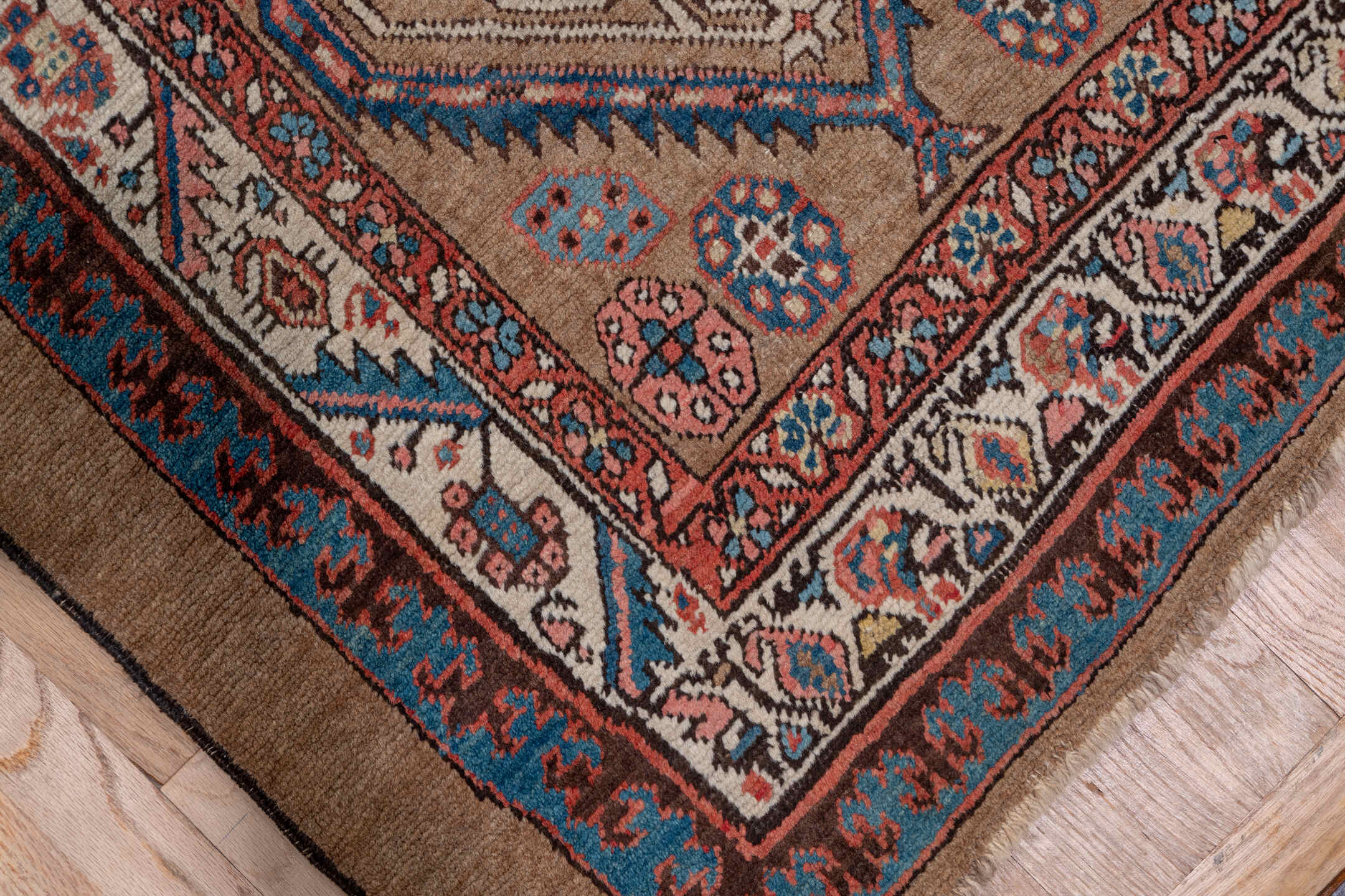 3' x 18' one-of-a-kind handmade vintage Serapi runner rug. Color palette: taupe, rust, ivory, blue, brown, slate, beige