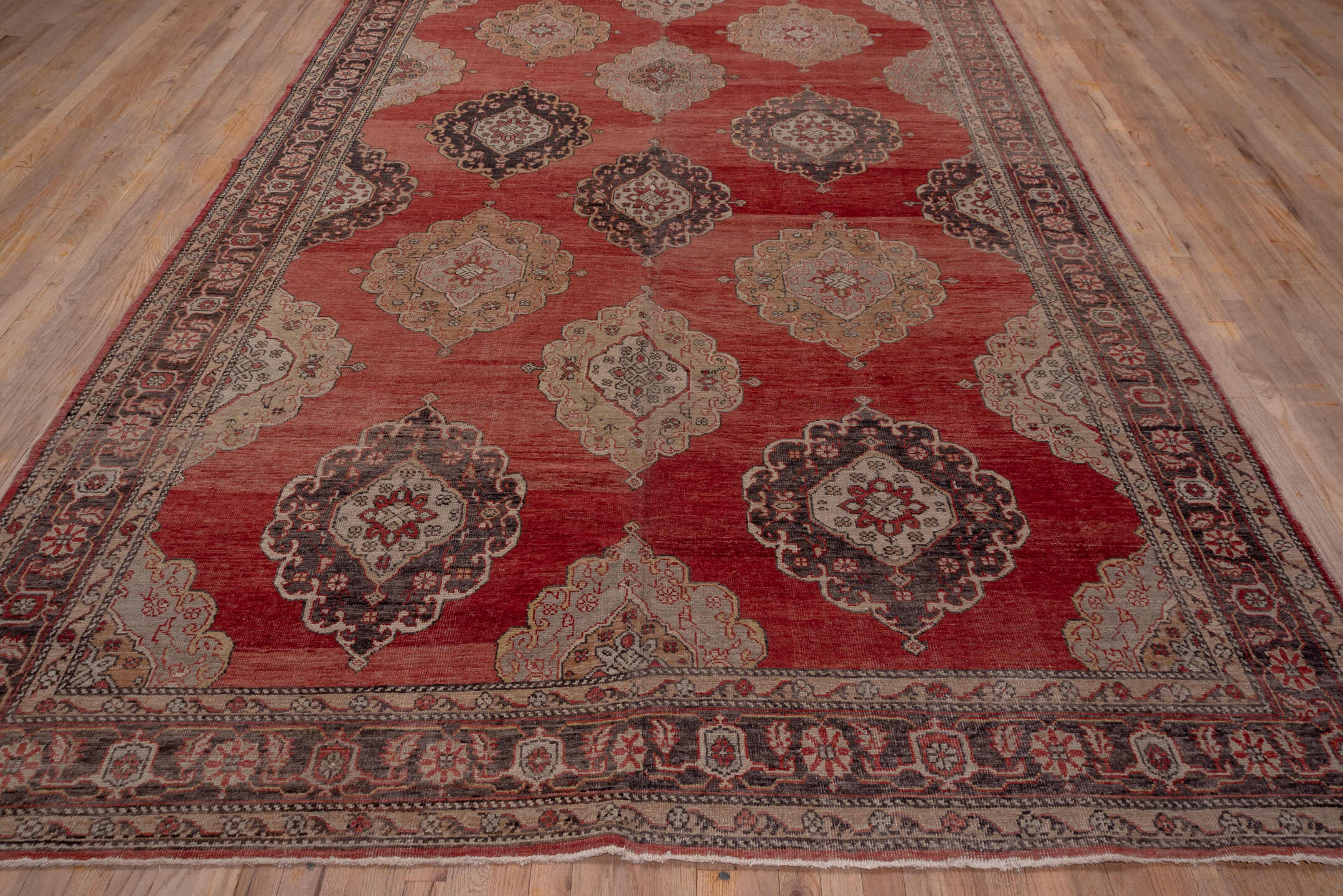 8' x 13' one-of-a-kind handmade vintage Oushak large size rug. Color palette: brown, gray, off-white, pink, red, redwood