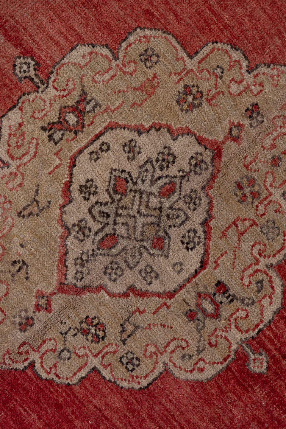 8' x 13' one-of-a-kind handmade vintage Oushak large size rug. Color palette: terra cotta, ivory, charcoal, taupe, rose
