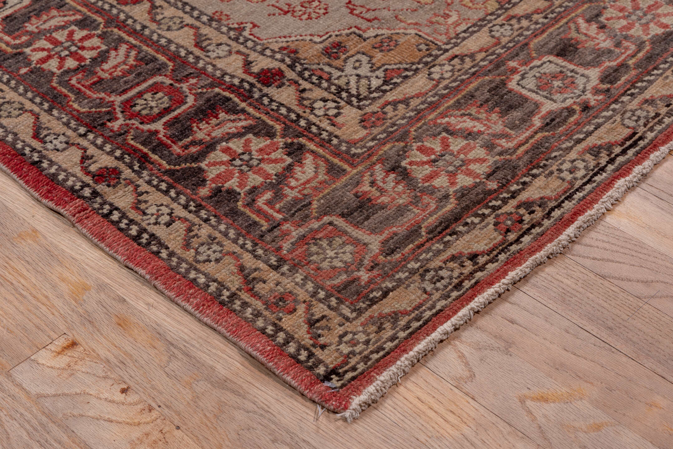 8' x 13' one-of-a-kind handmade vintage Oushak large size rug. Color palette: brown, gray, off-white, pink, red, redwood