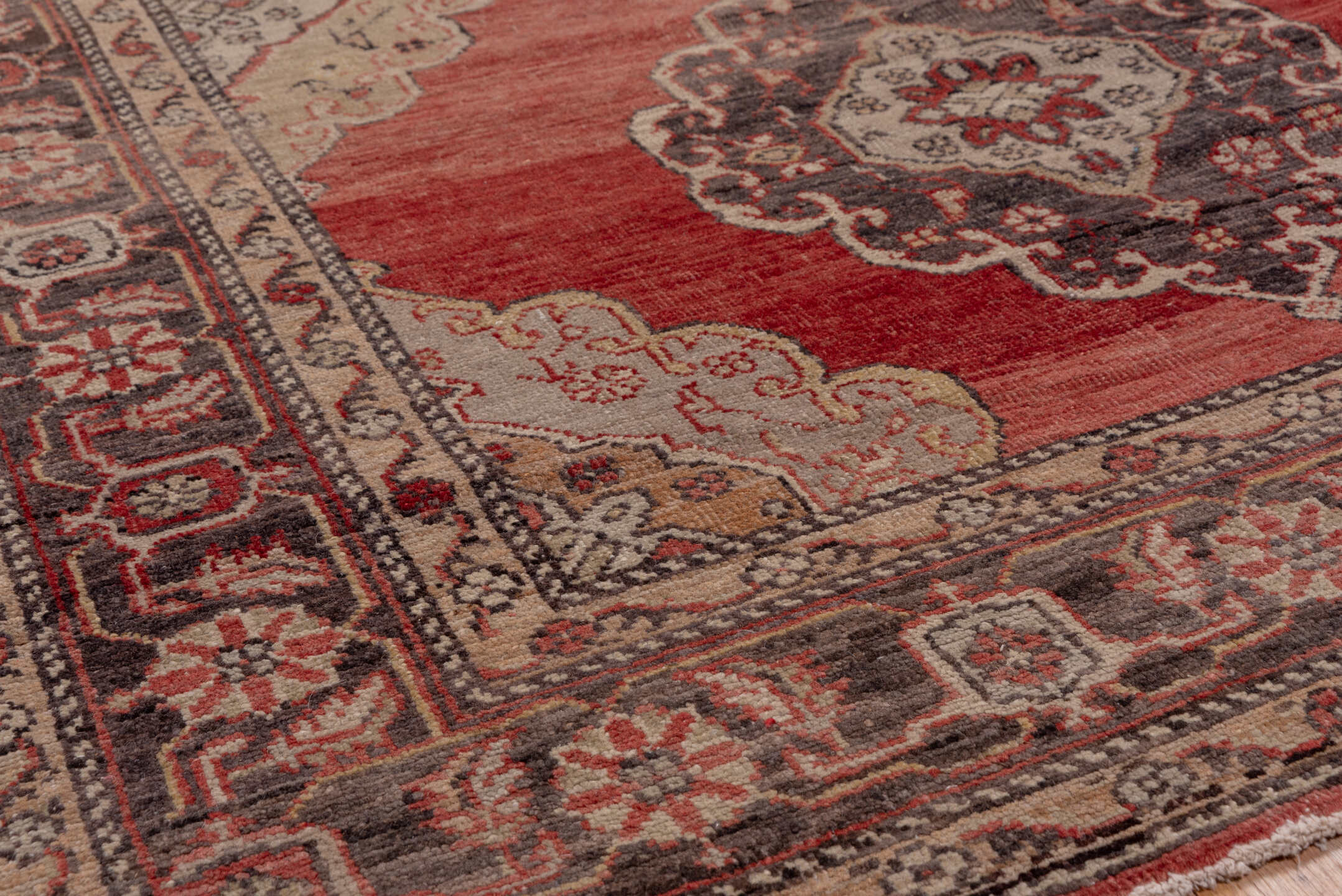 8' x 13' one-of-a-kind handmade vintage Oushak large size rug. Color palette: brown, gray, off-white, pink, red, redwood