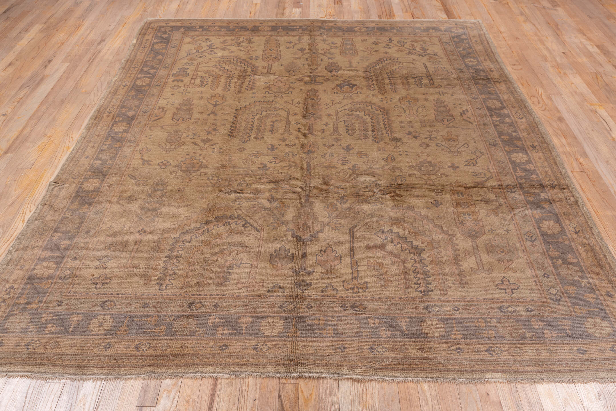 7' x 8' one-of-a-kind handmade vintage Oushak rug. Color palette: brown, gray, light gray, off-white, pink, snow, white