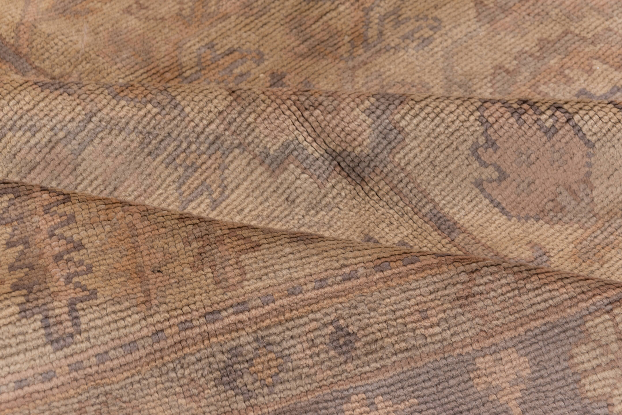 7' x 8' one-of-a-kind handmade vintage Oushak rug. Color palette: brown, gray, light gray, off-white, pink, snow, white