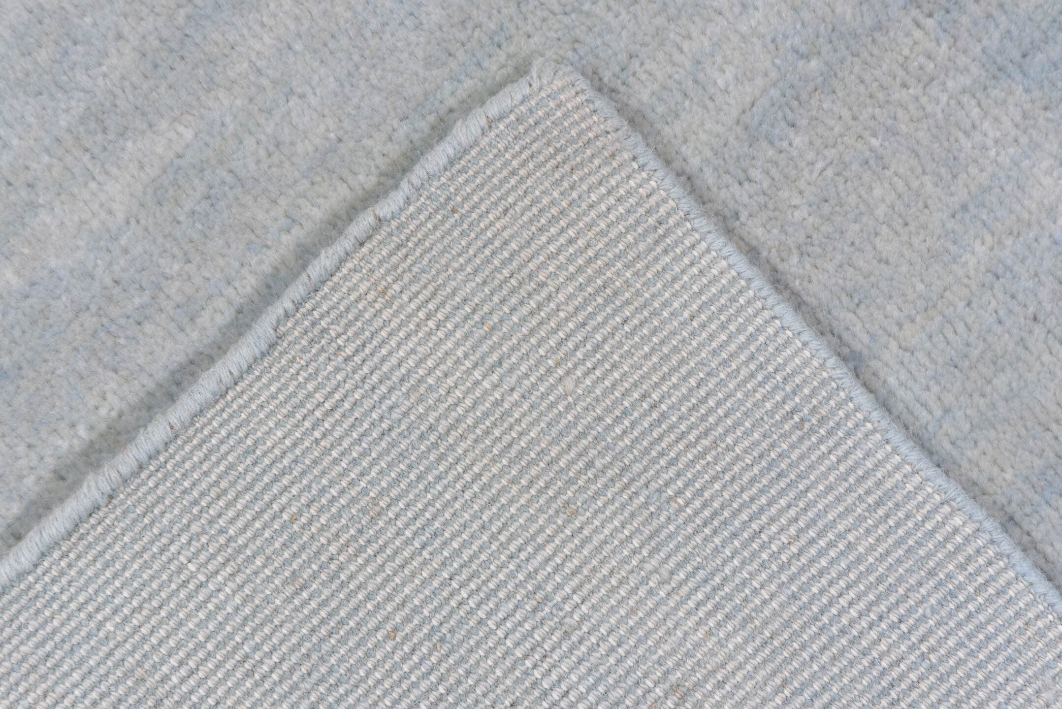 9' x 12' one-of-a-kind handmade vintage Rad large size rug. Color palette: ivory, pale blue, cream, taupe, light blue, beige