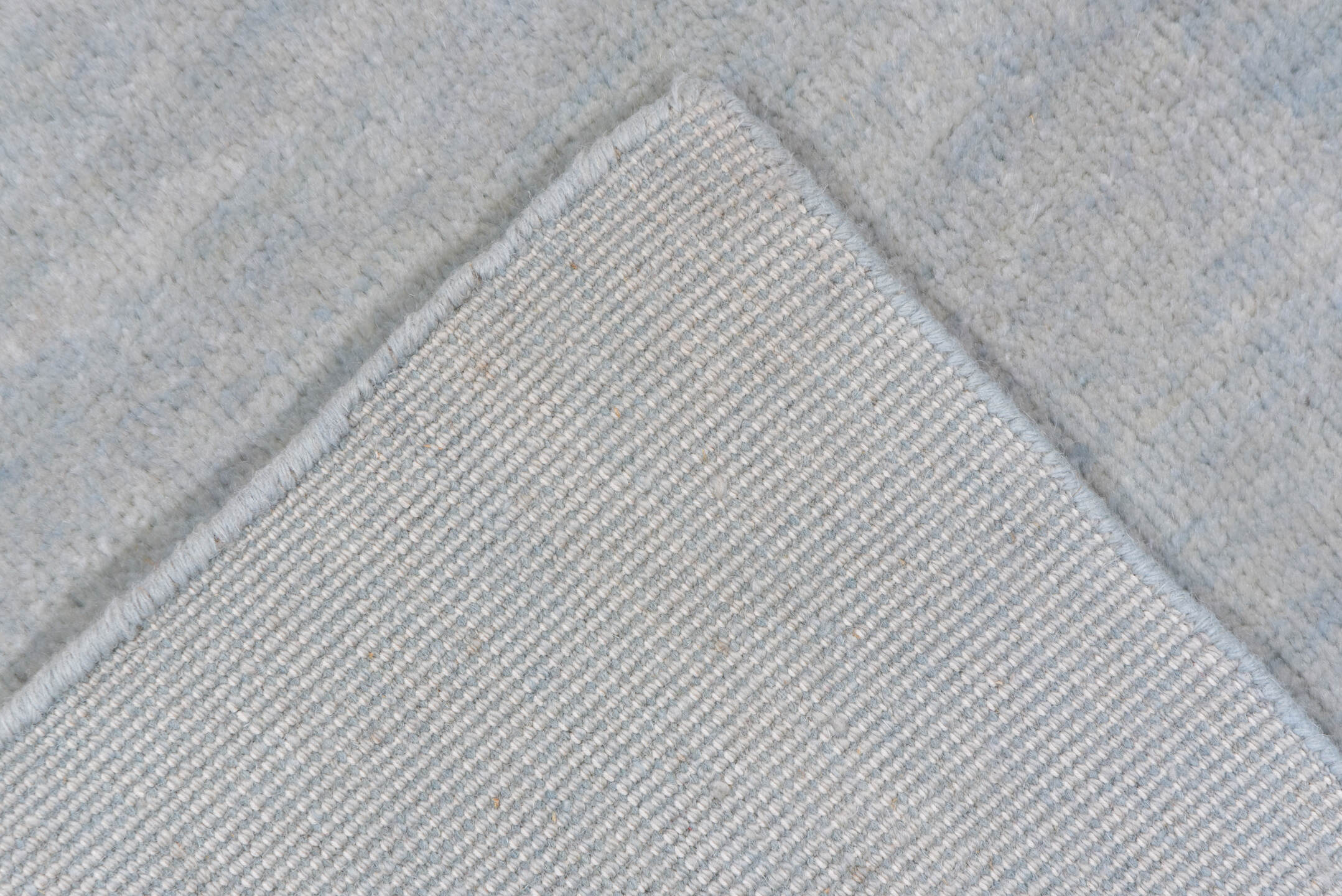 9' x 12' one-of-a-kind handmade vintage Rad large size rug. Color palette: ivory, pale blue, cream, taupe, light blue, beige