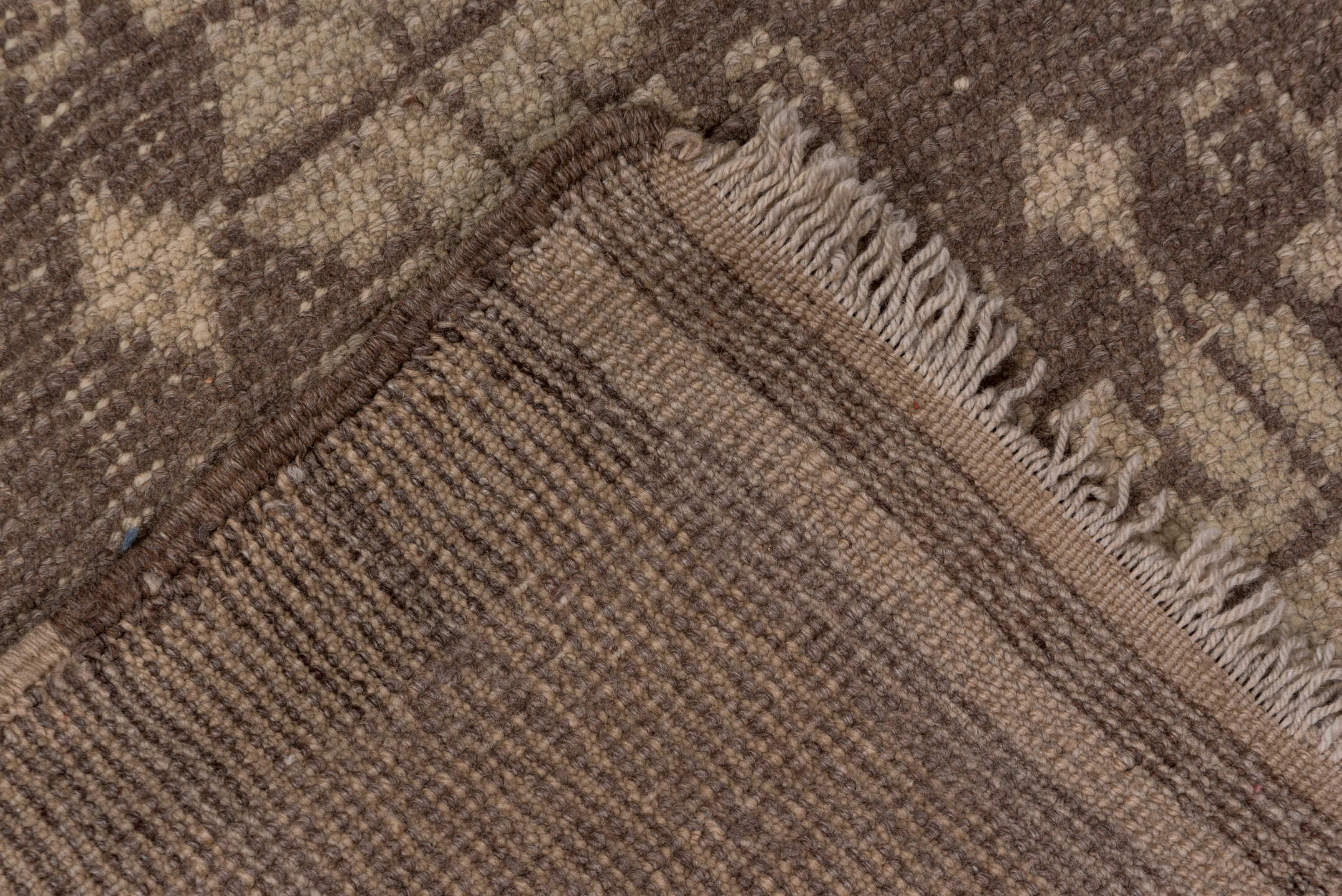 2' x 7' one-of-a-kind handmade vintage Oushak runner rug. Color palette: taupe, beige, brown, camel, gray