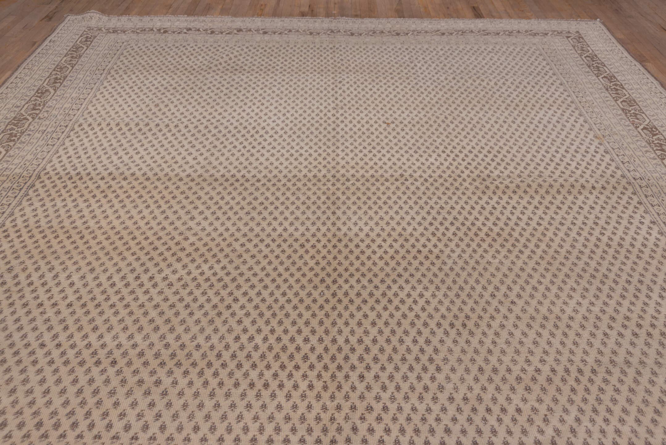 11' x 14' one-of-a-kind handmade vintage Sivas oversize rug. Color palette: ivory, taupe, brown, beige, camel, gray