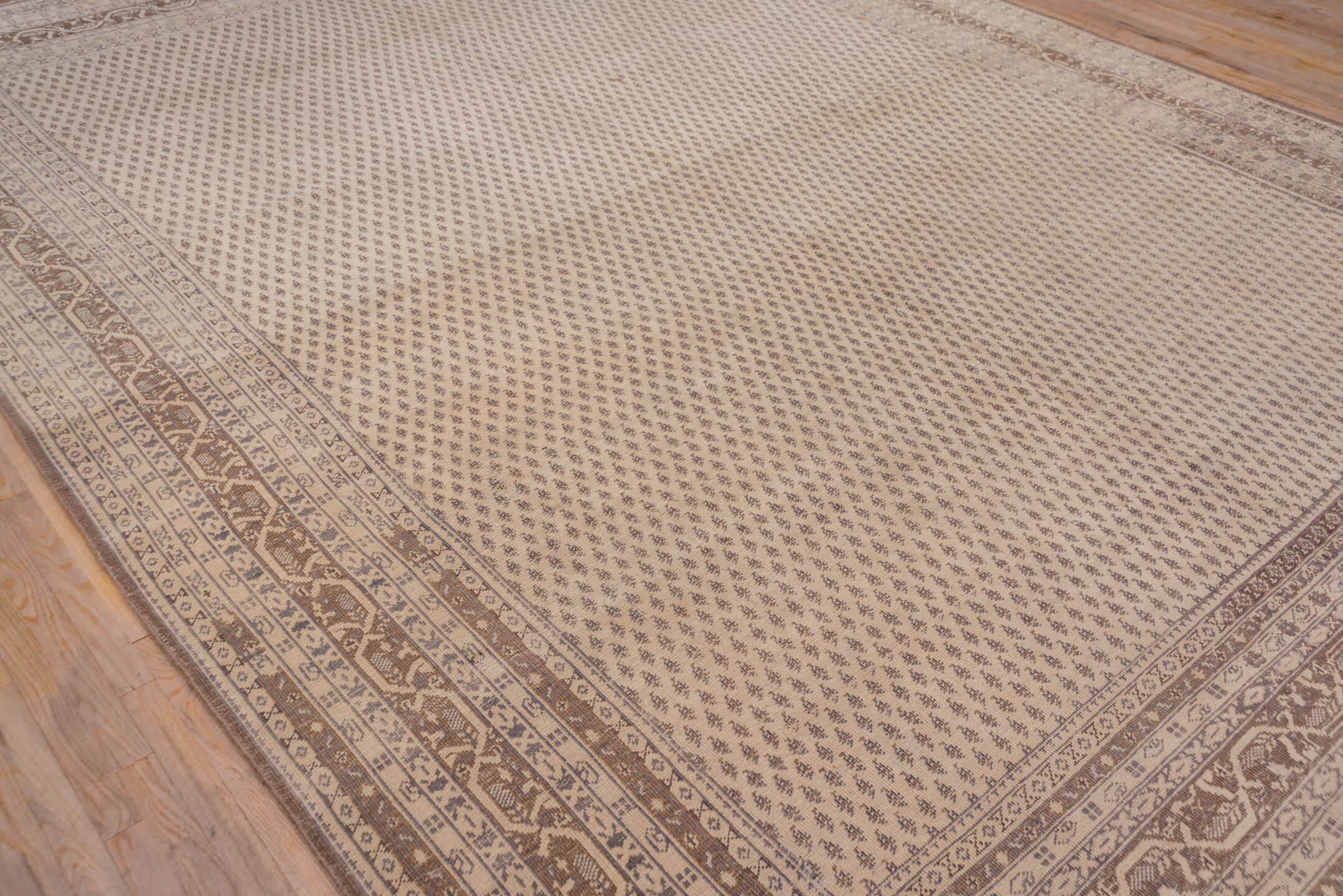 11' x 14' one-of-a-kind handmade vintage Sivas oversize rug. Color palette: ivory, taupe, brown, beige, camel, gray