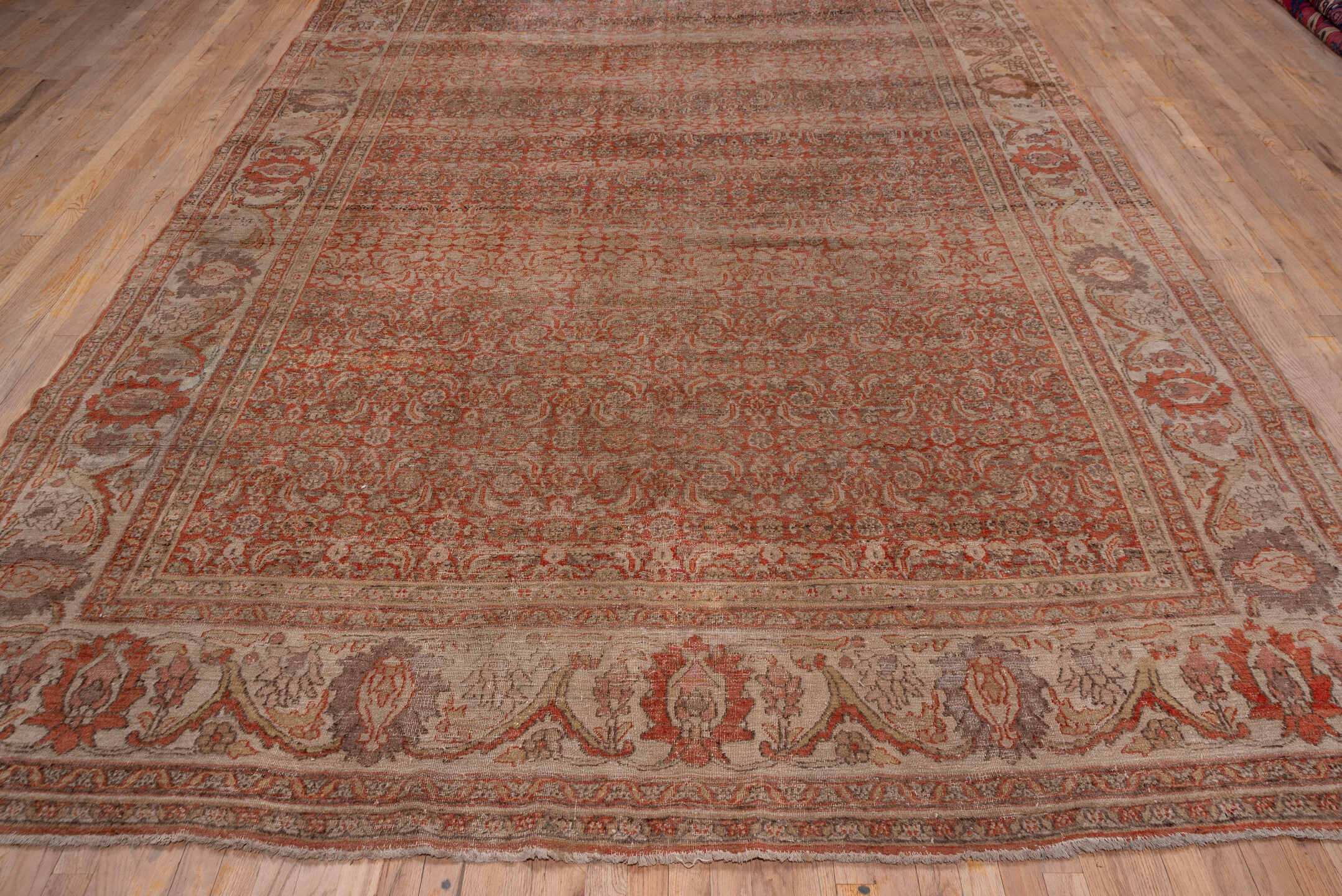 8' x 13' one-of-a-kind handmade vintage Khorassan large size rug. Color palette: brown, gray, linen, off-white, pink