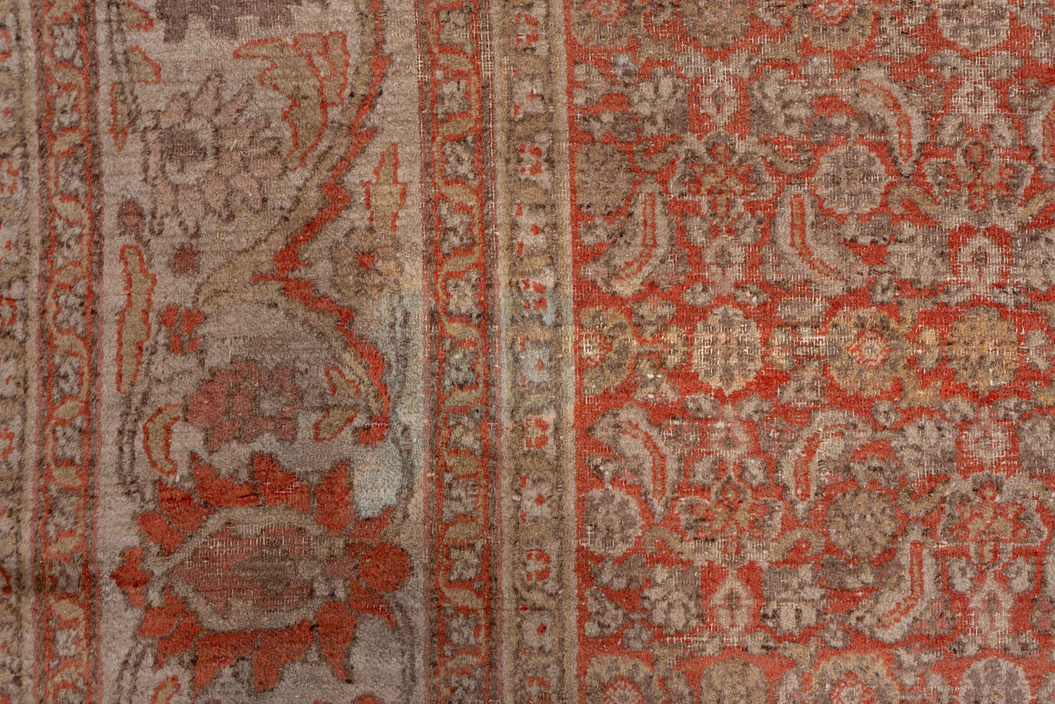 8' x 13' one-of-a-kind handmade antique Khorassan large size rug. Color palette: terra cotta, ivory, rose, taupe, sage, rust