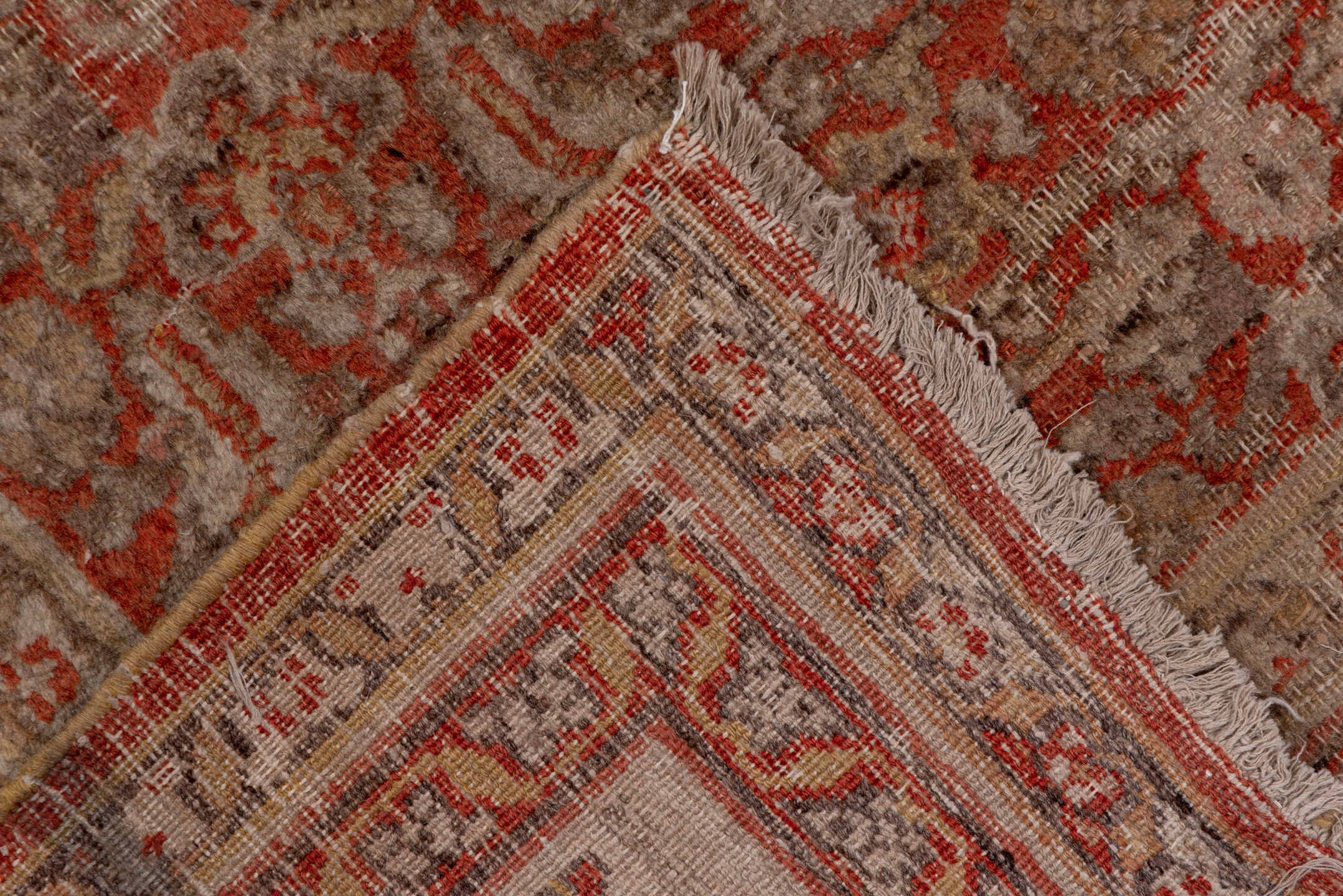 8' x 13' one-of-a-kind handmade vintage Khorassan large size rug. Color palette: brown, gray, linen, off-white, pink