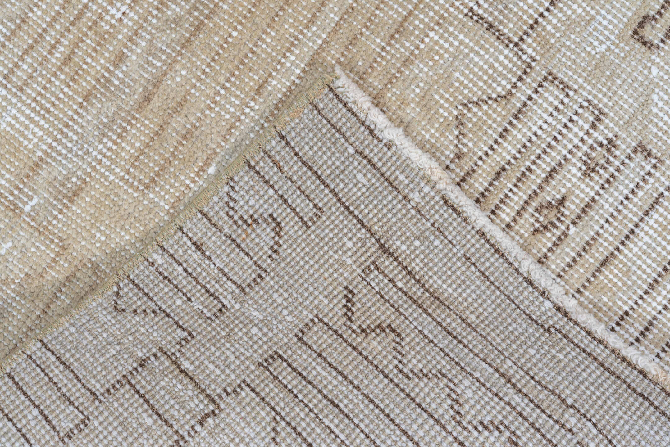 3' x 6' one-of-a-kind handmade vintage Oushak small size rug. Color palette: ivory, beige, taupe, sand, camel, gray