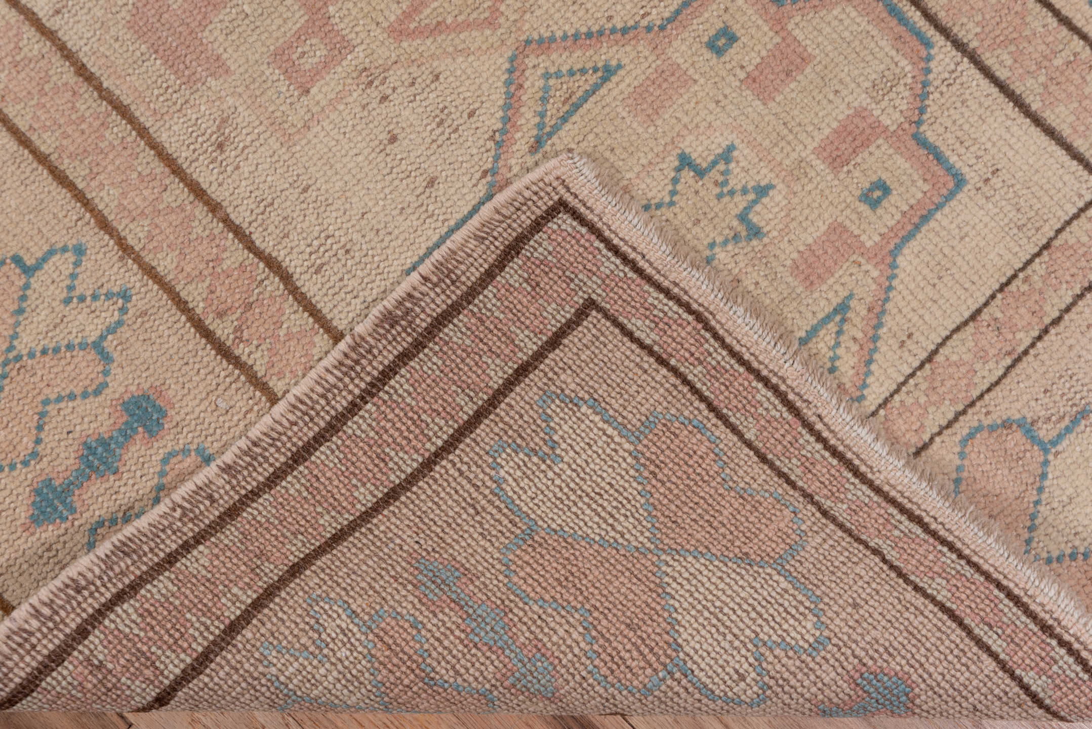 2' x 11' one-of-a-kind handmade vintage Oushak runner rug. Color palette: blush, ivory, pale blue, taupe, dusty rose, pink