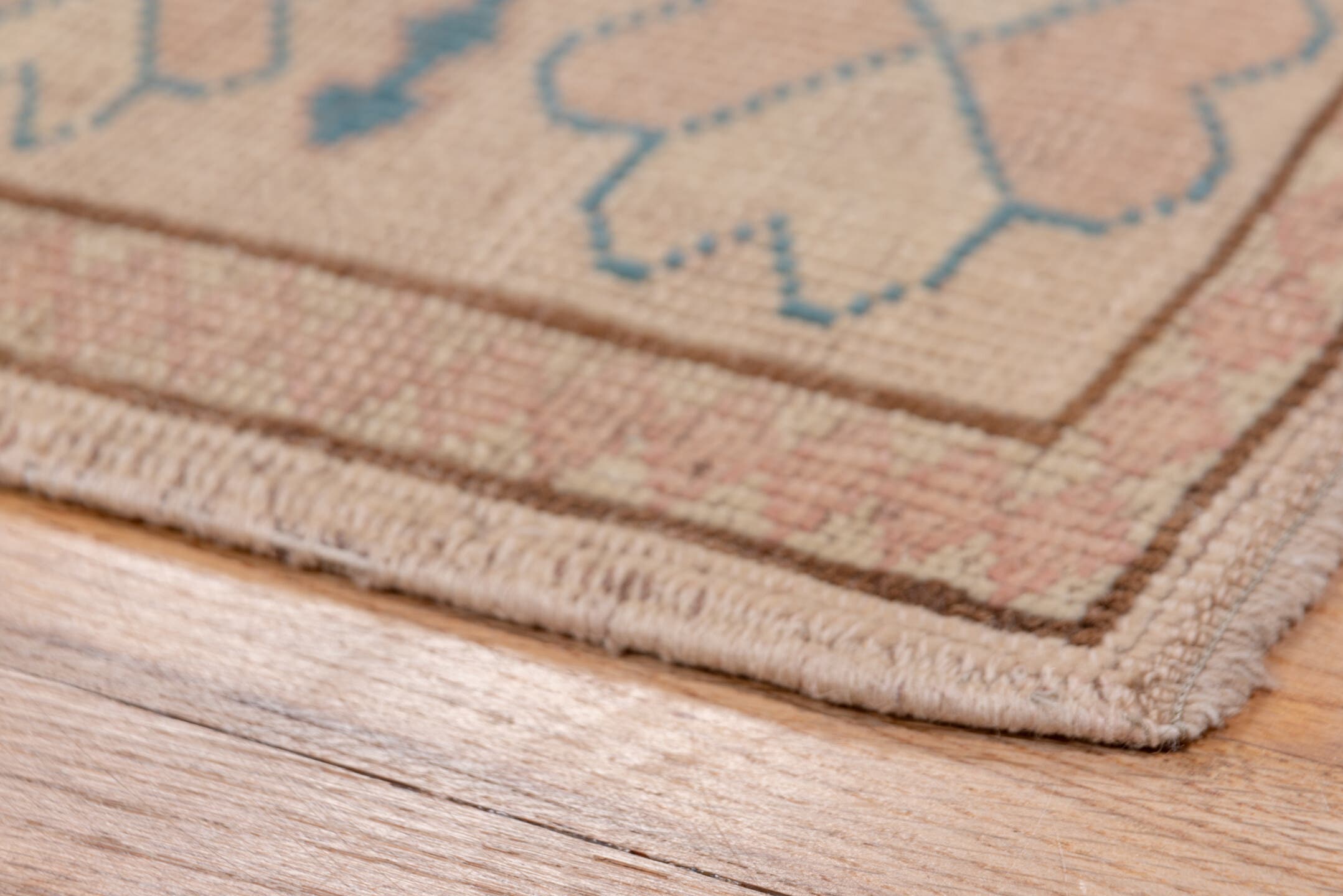 2' x 11' one-of-a-kind handmade vintage Oushak runner rug. Color palette: blush, ivory, pale blue, taupe, dusty rose, pink