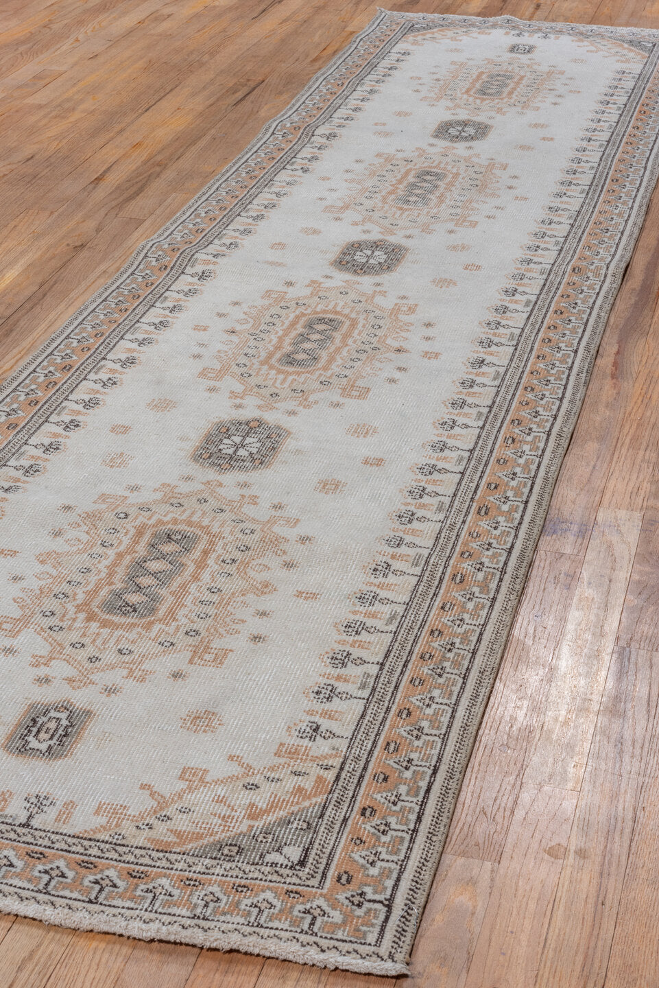 2' x 10' one-of-a-kind handmade vintage Oushak runner rug. Color palette: brown, gainsboro, gray, light gray, off-white