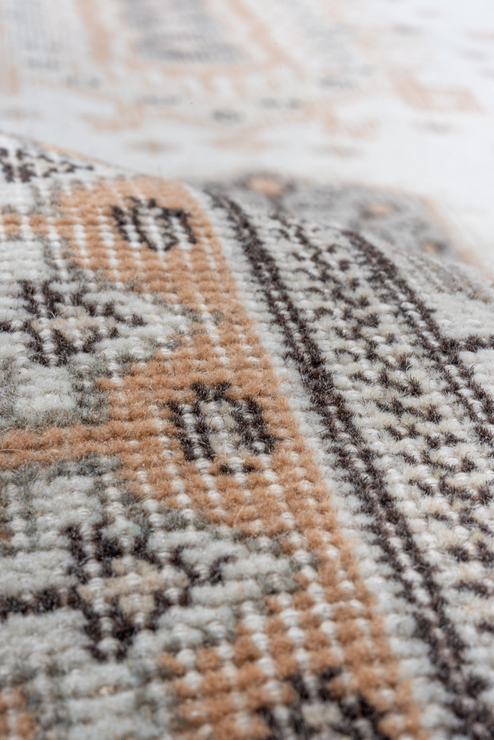 2' x 10' one-of-a-kind handmade vintage Oushak runner rug. Color palette: brown, gainsboro, gray, light gray, off-white