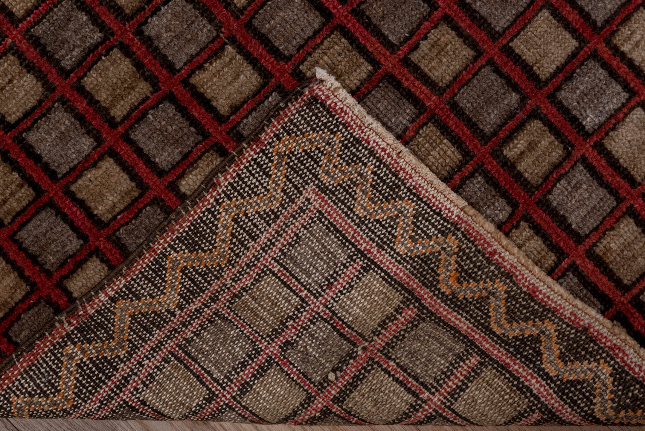 3' x 4' one-of-a-kind handmade antique Oushak small size rug. Color palette: brown, burgundy, charcoal, taupe, rust, gray