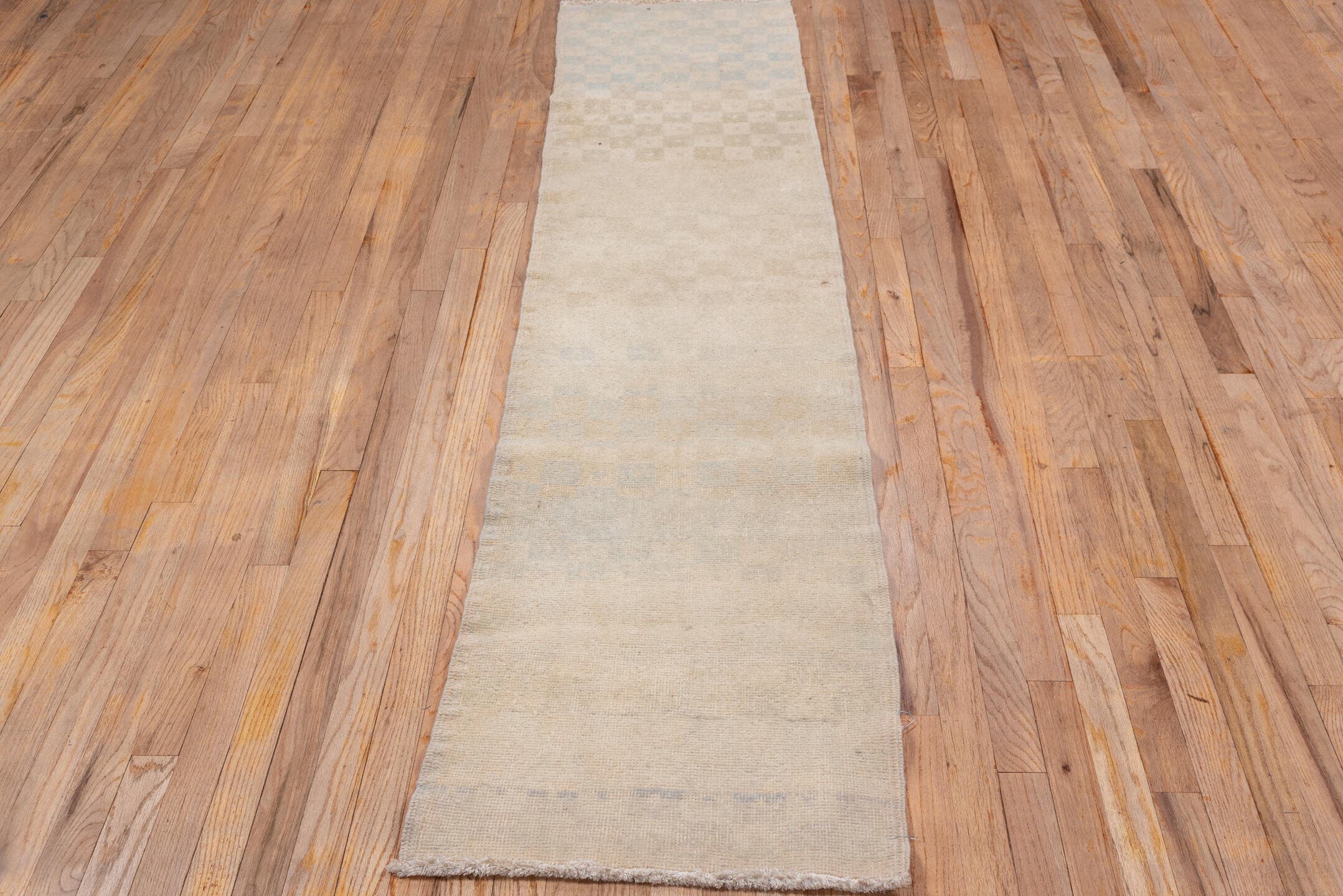 1' x 8' one-of-a-kind handmade vintage Oushak rug. Color palette: ivory, cream, beige, taupe, pale gold, light gray, gray