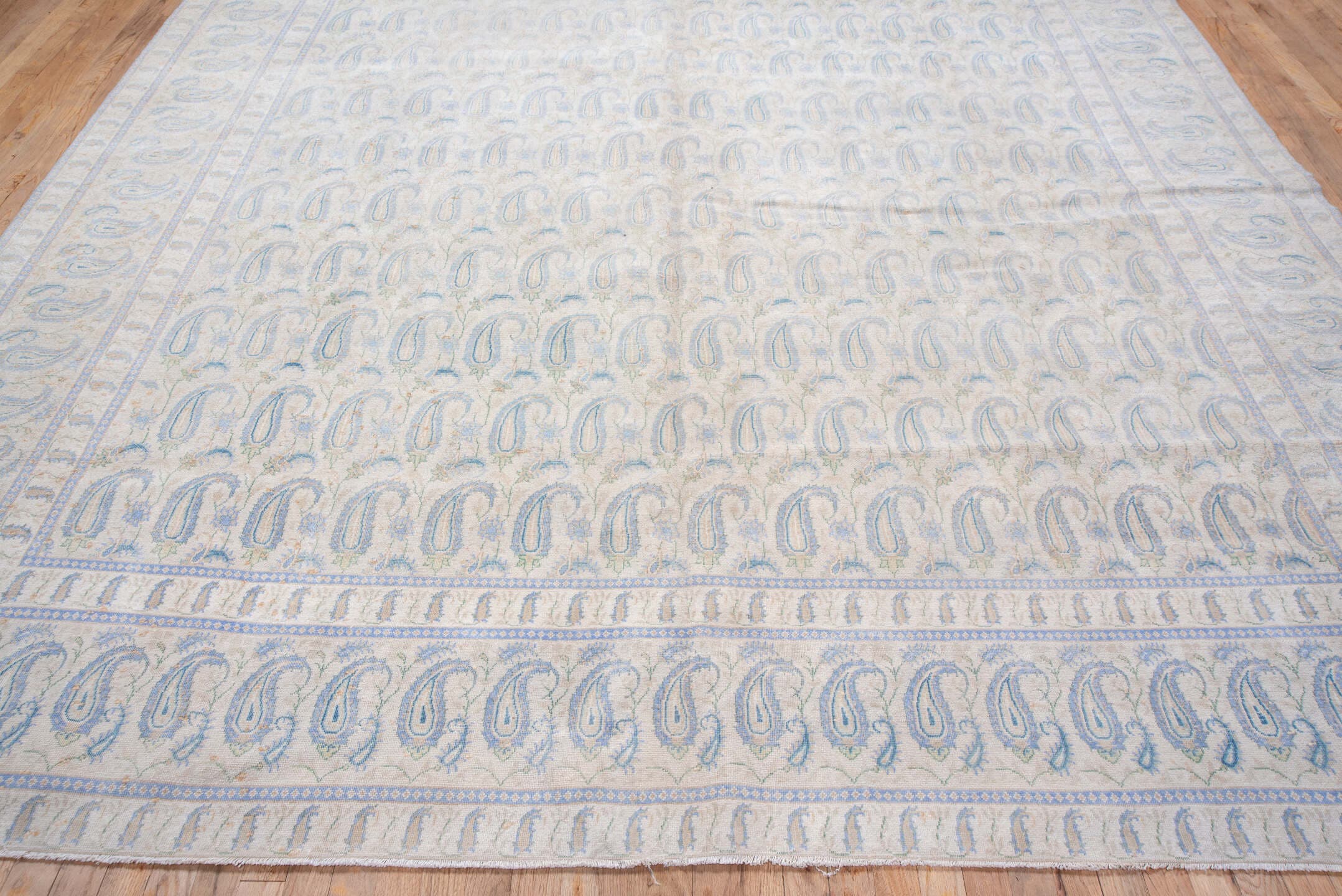 9' x 12' one-of-a-kind handmade vintage Sivas large size rug. Color palette: ivory, pale blue, cream, light gray, beige