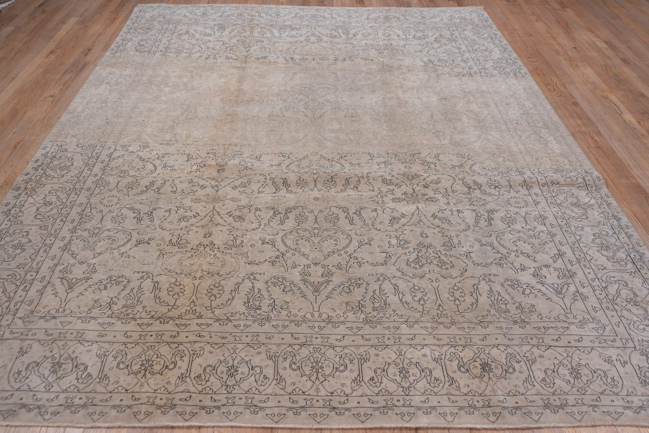 8' x 10' one-of-a-kind handmade vintage  large size rug. Color palette: beige, taupe, ivory, slate, greige, sand, gray