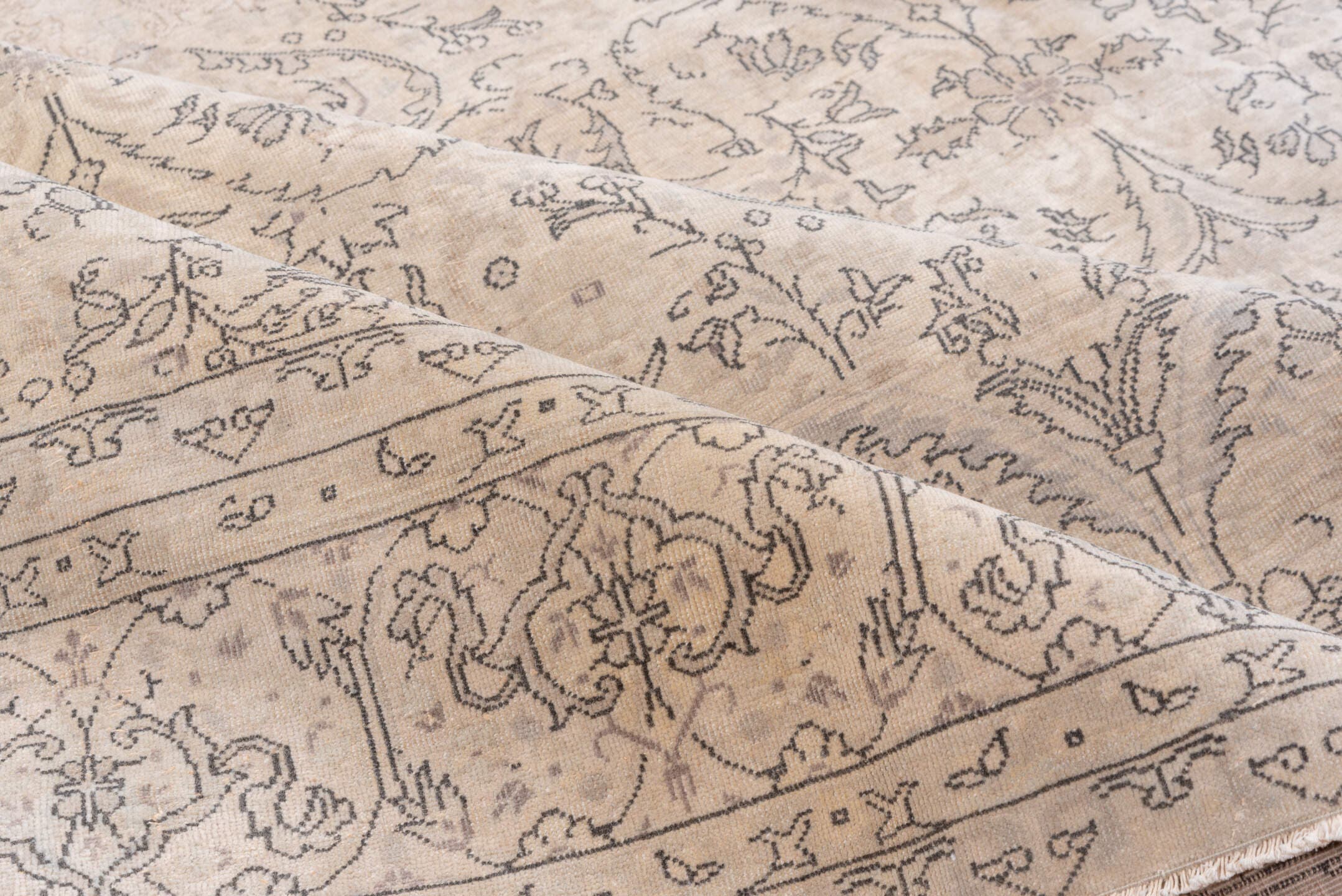 8' x 10' one-of-a-kind handmade vintage  large size rug. Color palette: beige, taupe, ivory, slate, greige, sand, gray