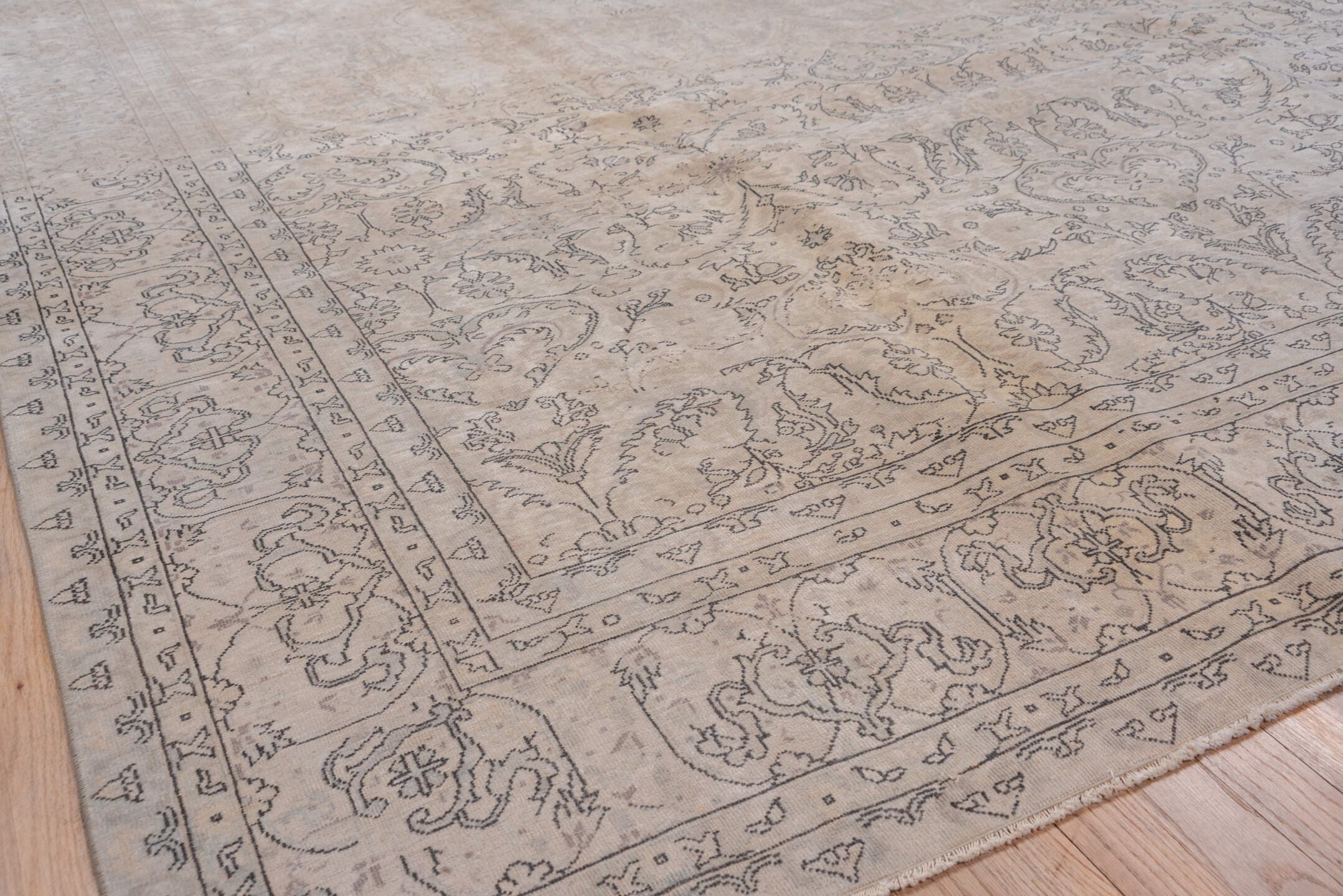 8' x 10' one-of-a-kind handmade vintage  large size rug. Color palette: beige, taupe, ivory, slate, greige, sand, gray