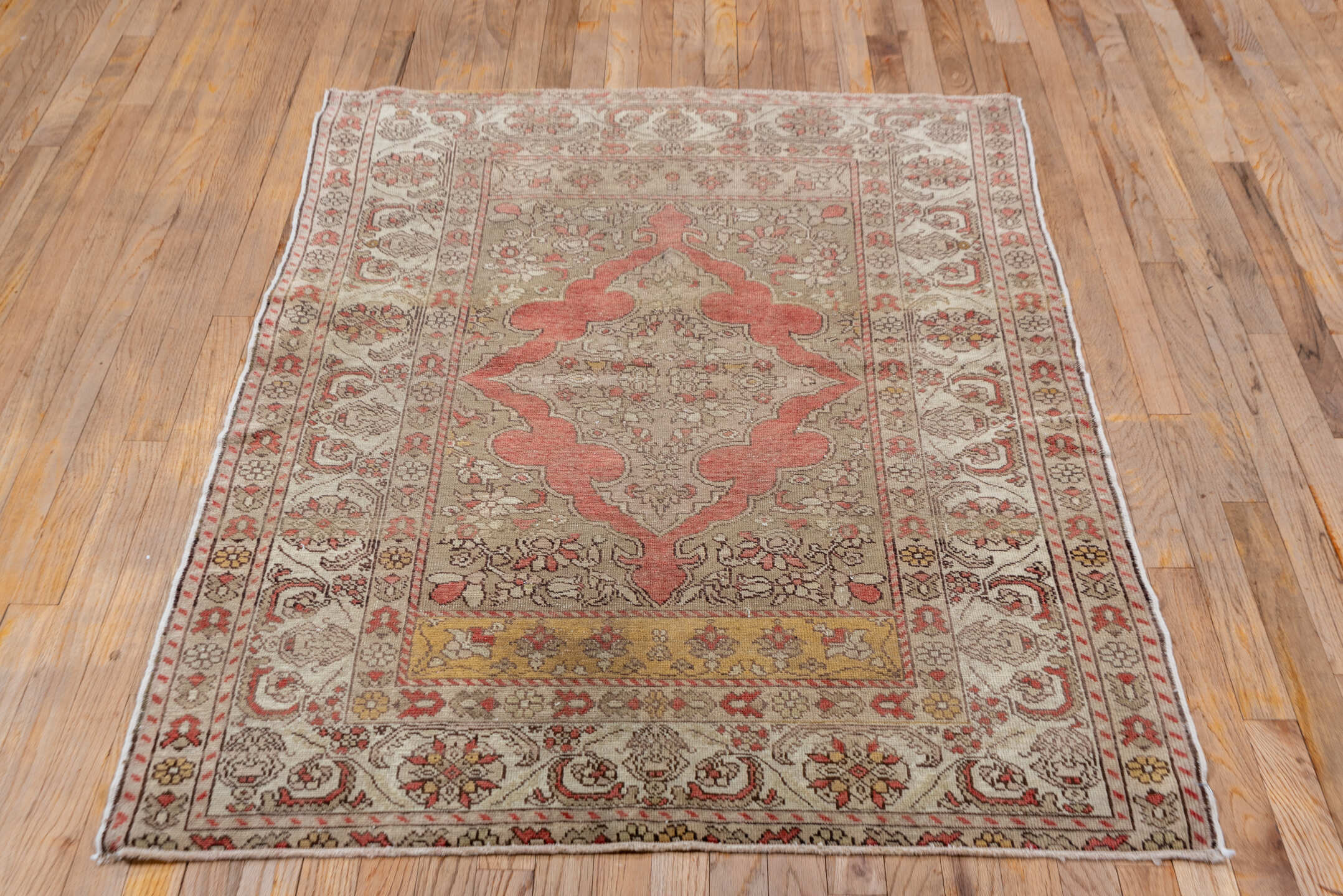 3' x 5' one-of-a-kind handmade vintage Oushak small size rug. Color palette: ivory, taupe, coral, rose, gold, camel, brown