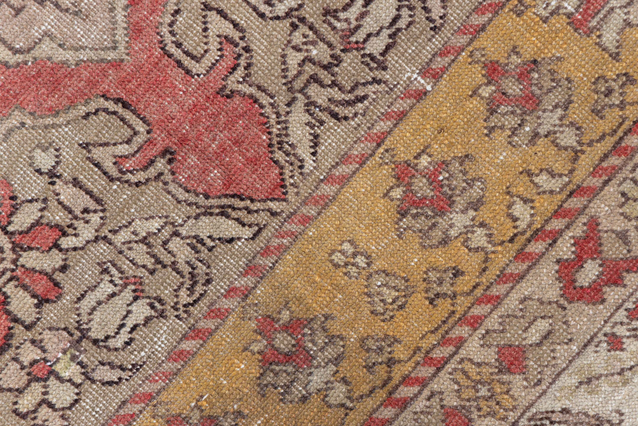 3' x 5' one-of-a-kind handmade vintage Oushak small size rug. Color palette: ivory, taupe, coral, rose, gold, camel, brown