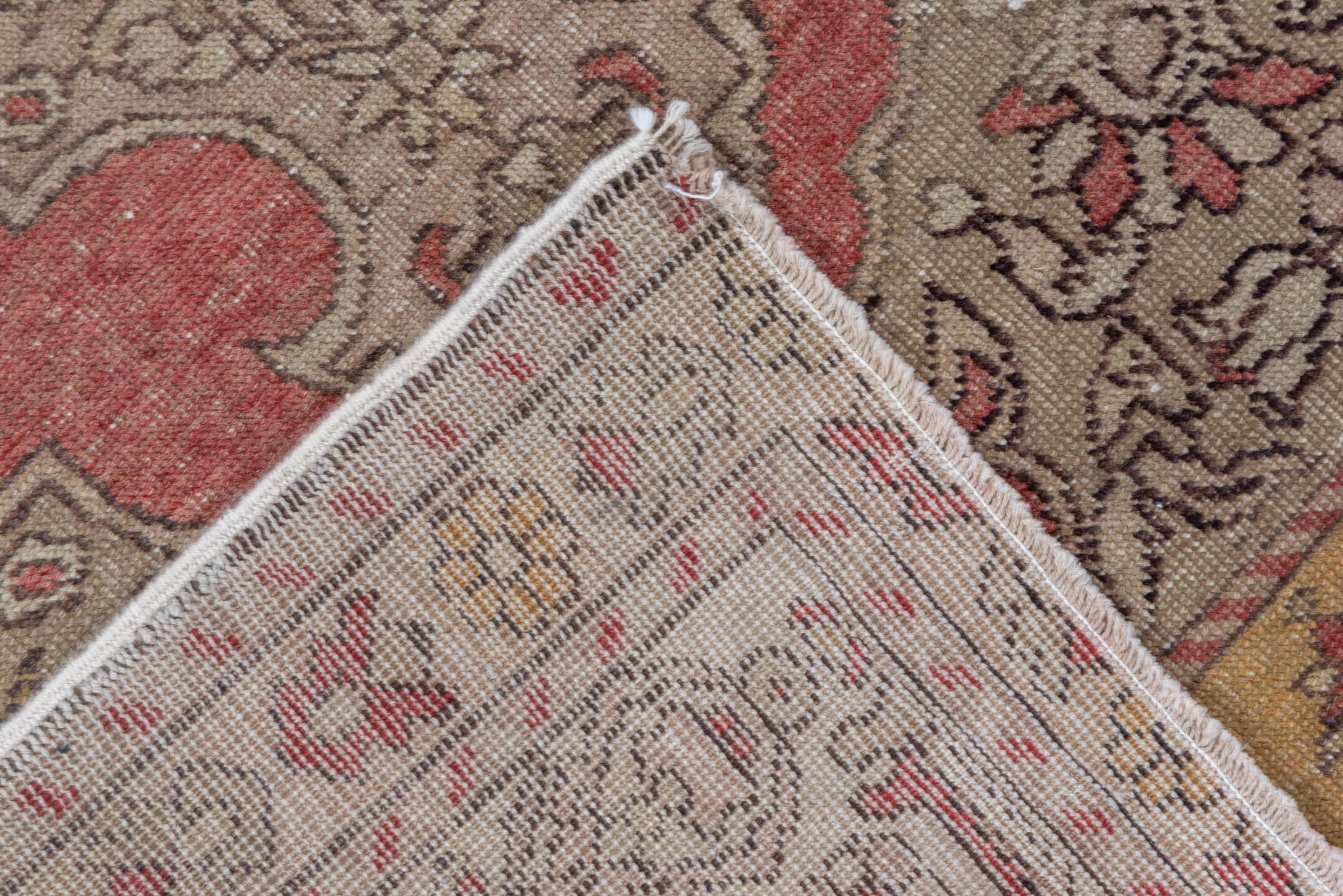 3' x 5' one-of-a-kind handmade vintage Oushak small size rug. Color palette: ivory, taupe, coral, rose, gold, camel, brown