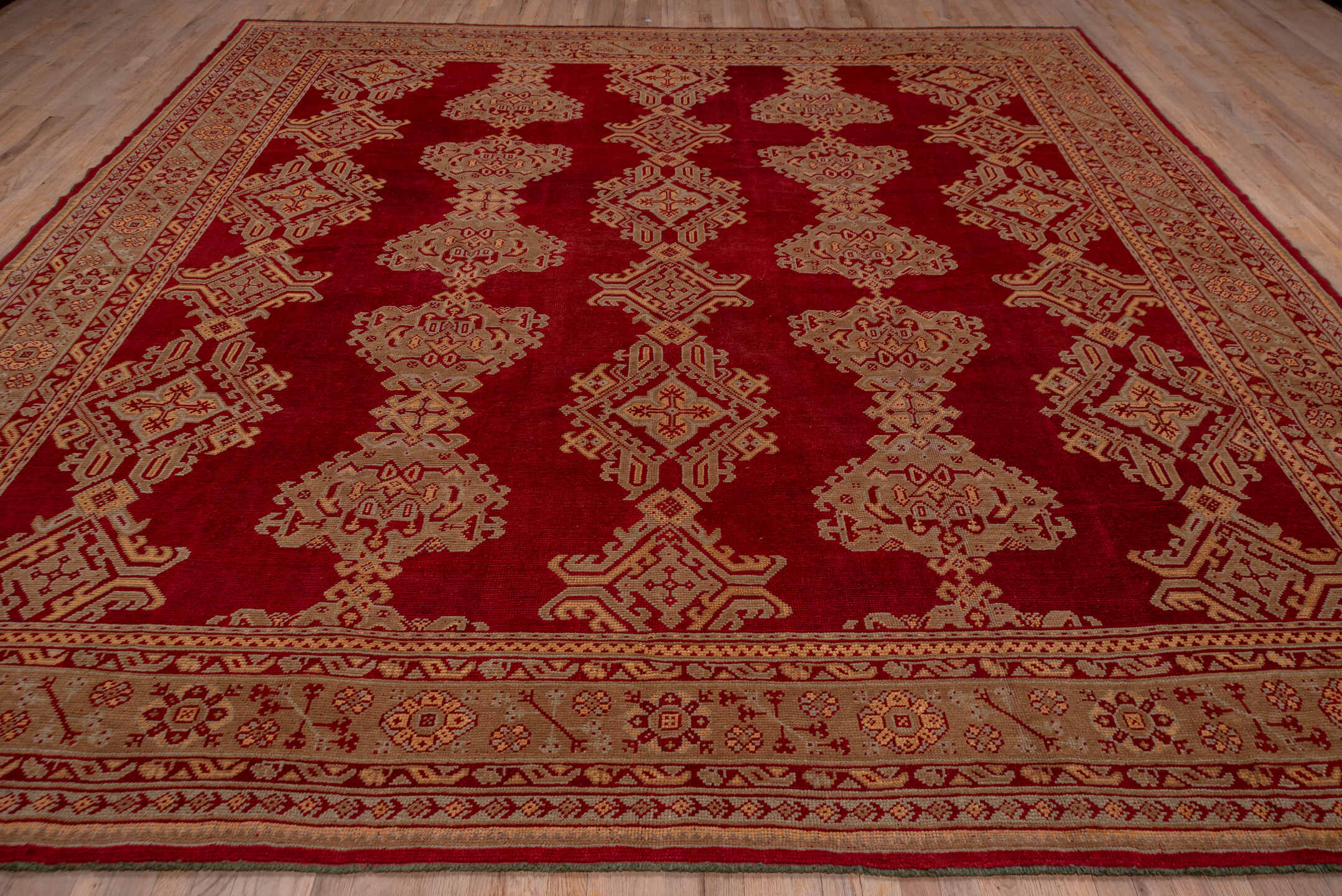12' x 12' one-of-a-kind handmade antique Oushak oversize rug. Color palette: red, ivory, rust, gold, camel, burgundy