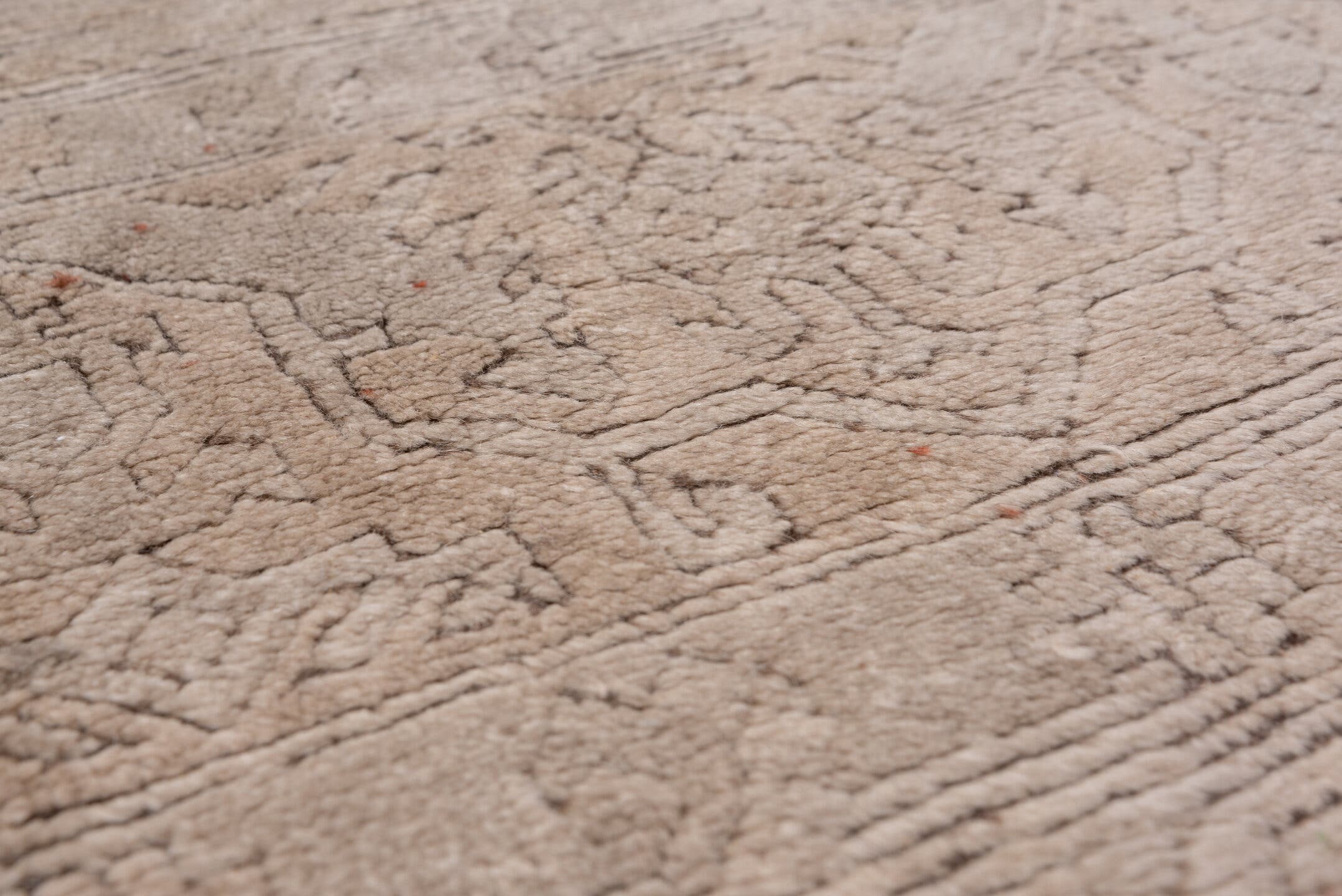 7' x 11' one-of-a-kind handmade vintage Oushak large size rug. Color palette: taupe, beige, ivory, camel, brown, gray