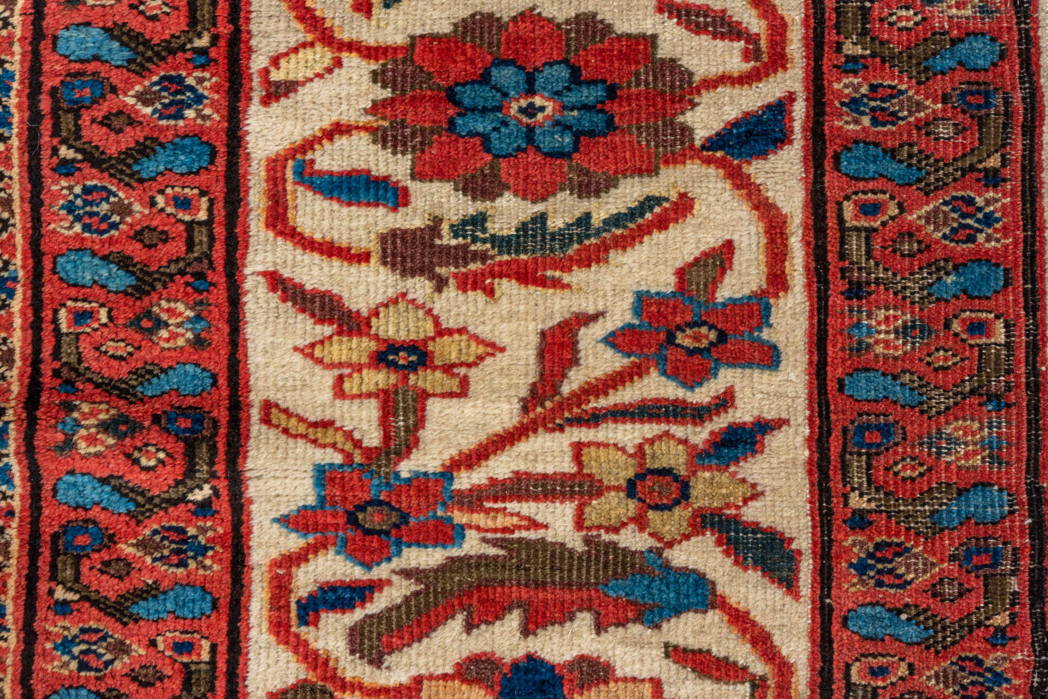 12' x 15' one-of-a-kind handmade antique Sultanabad oversize rug. Color palette: ivory, rust, brick, indigo, sky_blue, camel