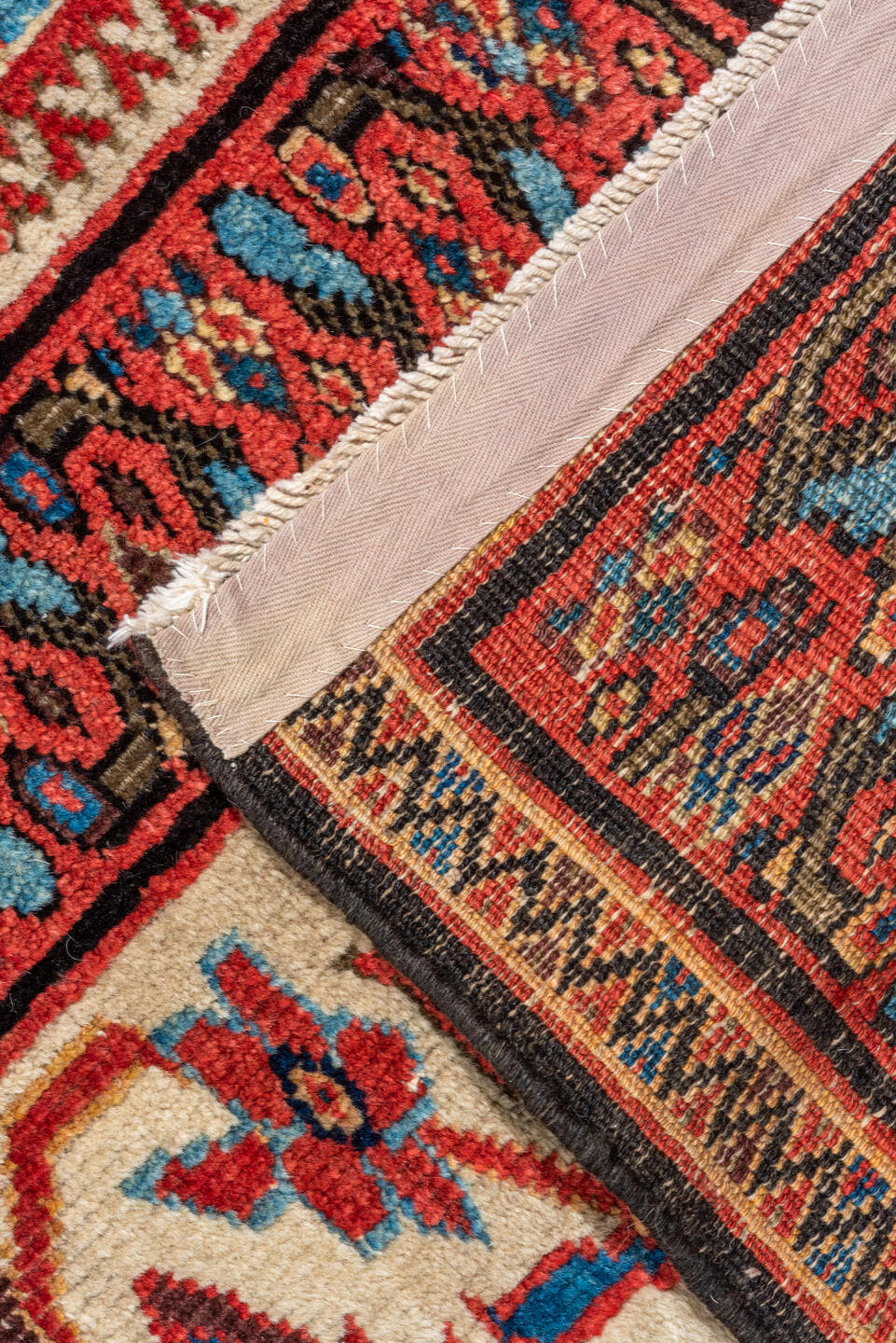 12' x 15' one-of-a-kind handmade antique Sultanabad oversize rug. Color palette: ivory, rust, brick, indigo, sky_blue, camel