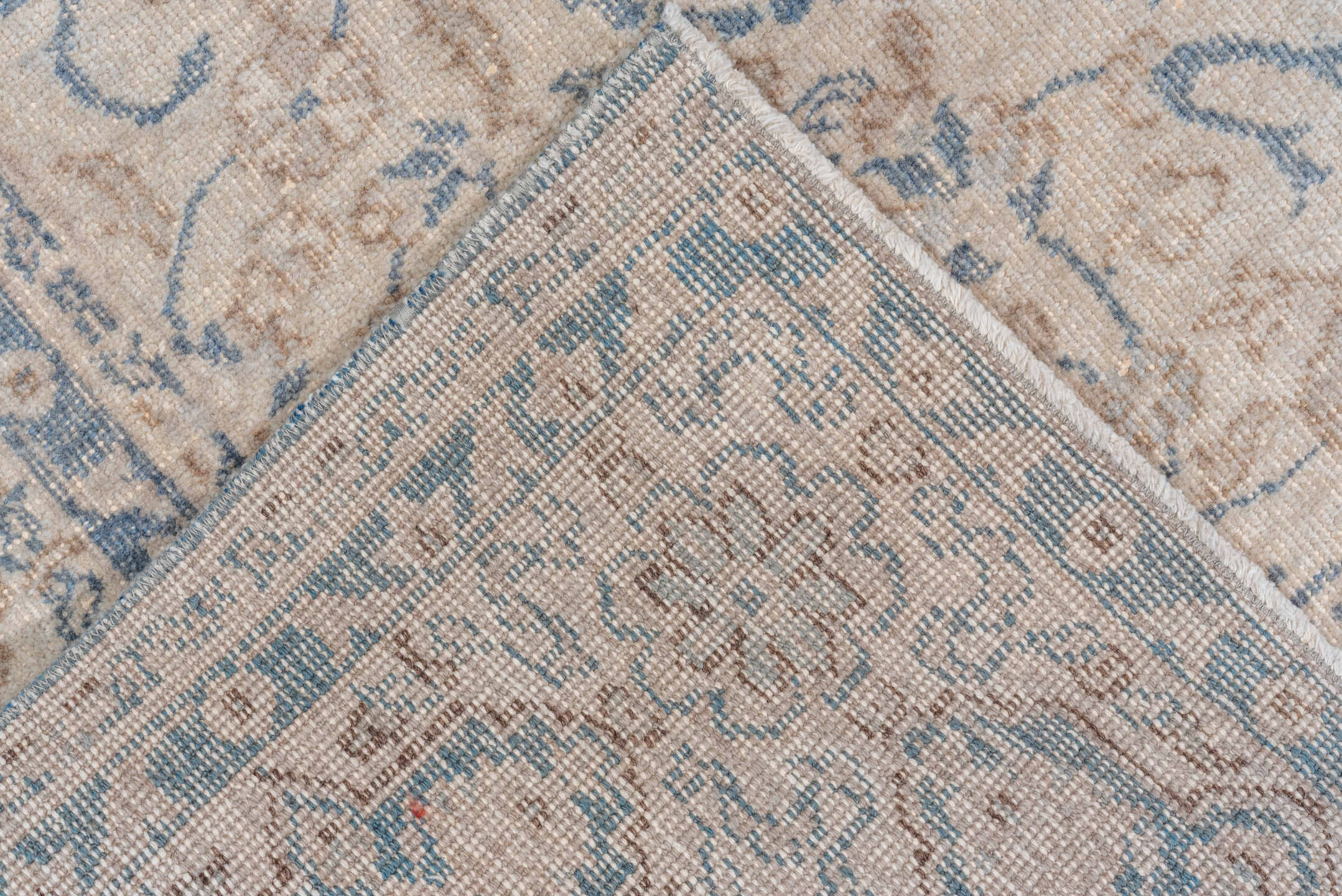 6' x 9' one-of-a-kind handmade vintage Oushak medium size rug. Color palette: ivory, powder_blue, beige, taupe, light_blue
