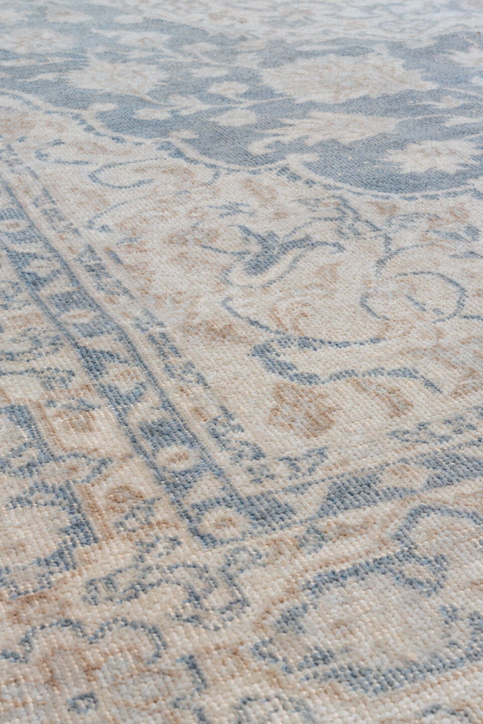 6' x 9' one-of-a-kind handmade vintage Oushak medium size rug. Color palette: ivory, powder_blue, beige, taupe, light_blue