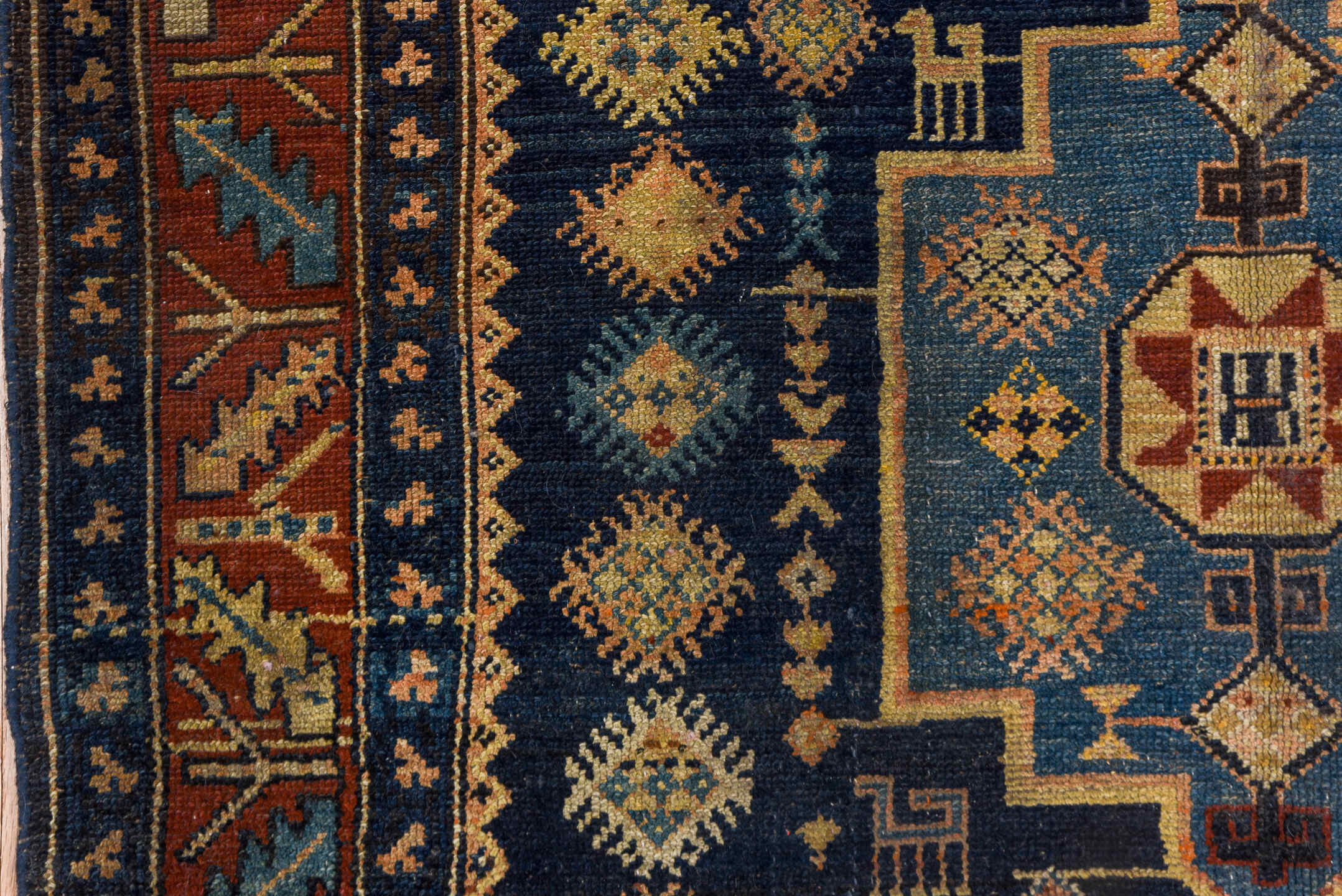 4' x 10' one-of-a-kind handmade vintage Hamadan runner rug. Color palette: black, blue, brown, gray, saddle brown