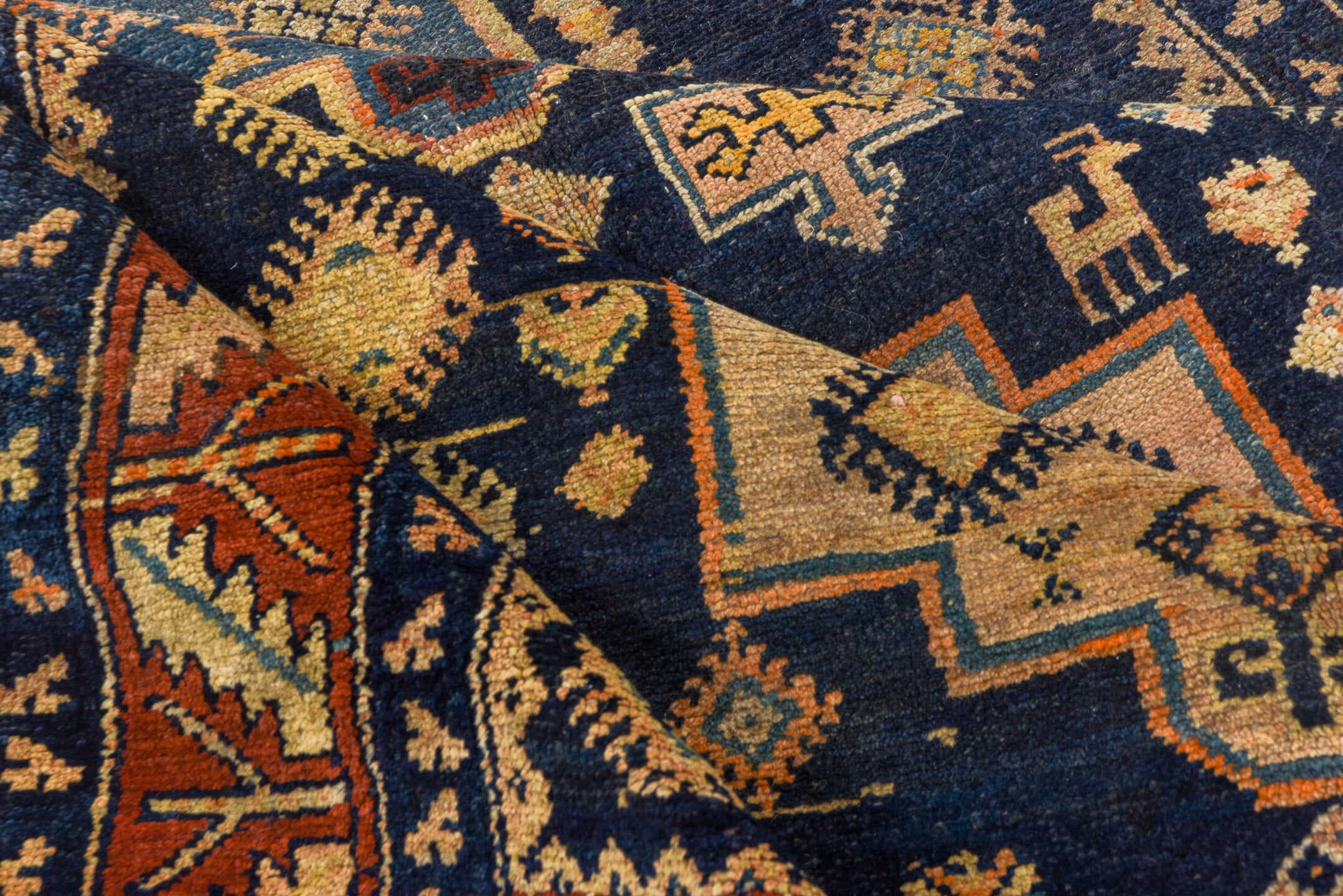 4' x 10' one-of-a-kind handmade antique Hamadan runner rug. Color palette: navy, rust, ivory, sky blue, camel, slate