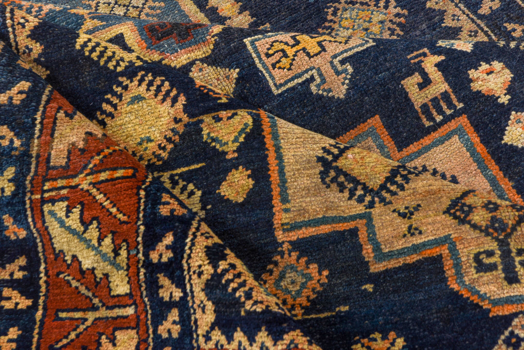 4' x 10' one-of-a-kind handmade vintage Hamadan runner rug. Color palette: black, blue, brown, gray, saddle brown