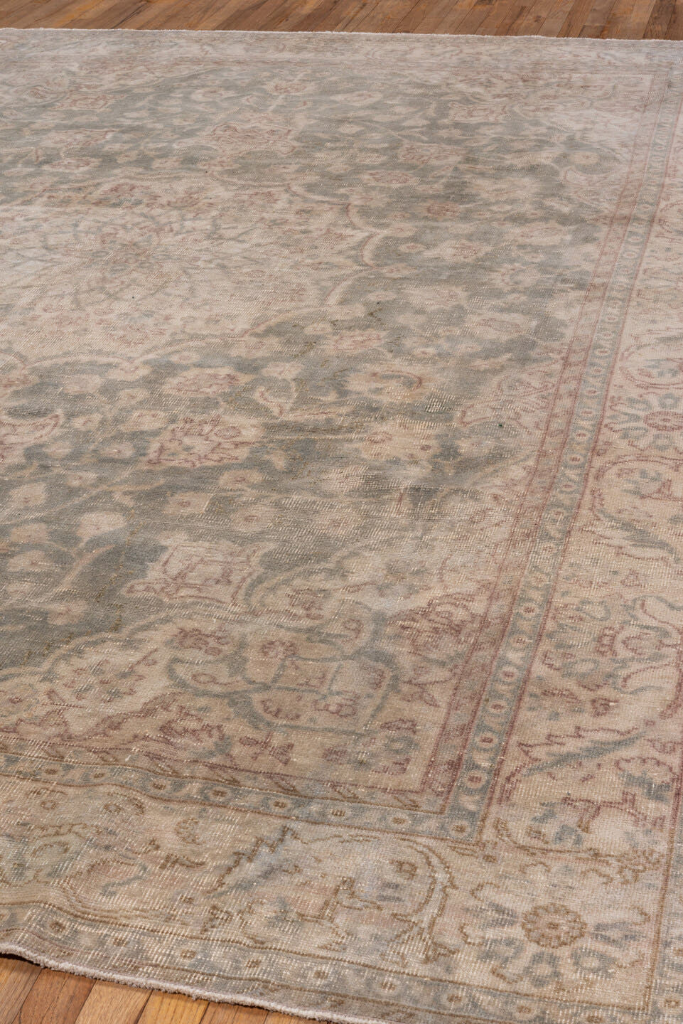 8' x 11' one-of-a-kind handmade vintage Oushak large size rug. Color palette: ivory, blue, taupe, rose, sage, beige, gray
