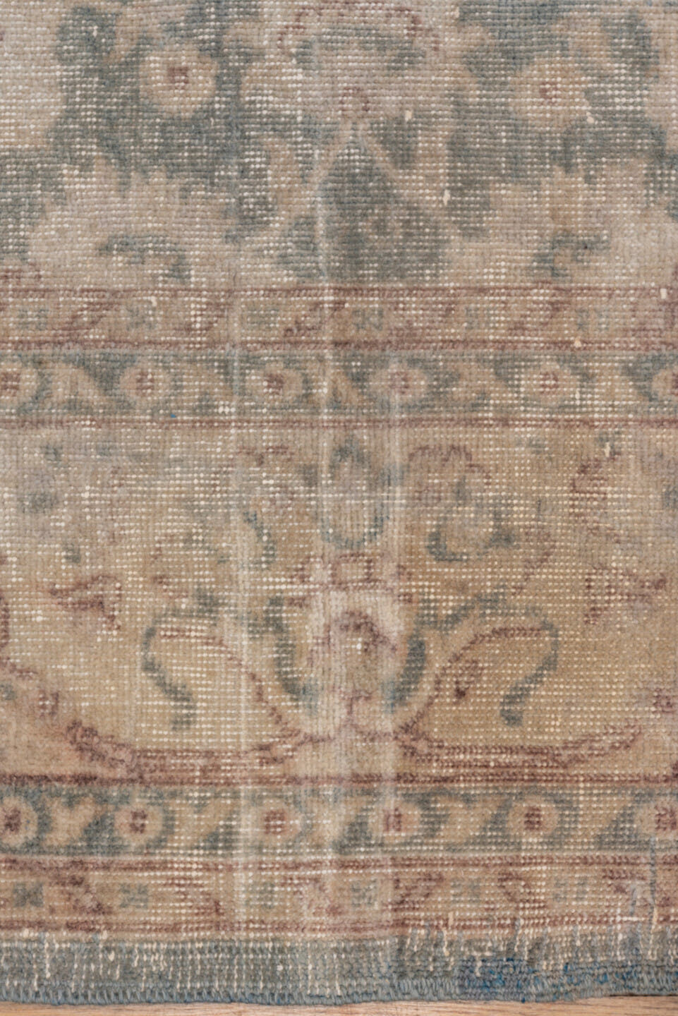 8' x 11' one-of-a-kind handmade vintage Oushak large size rug. Color palette: ivory, blue, taupe, rose, sage, beige, gray