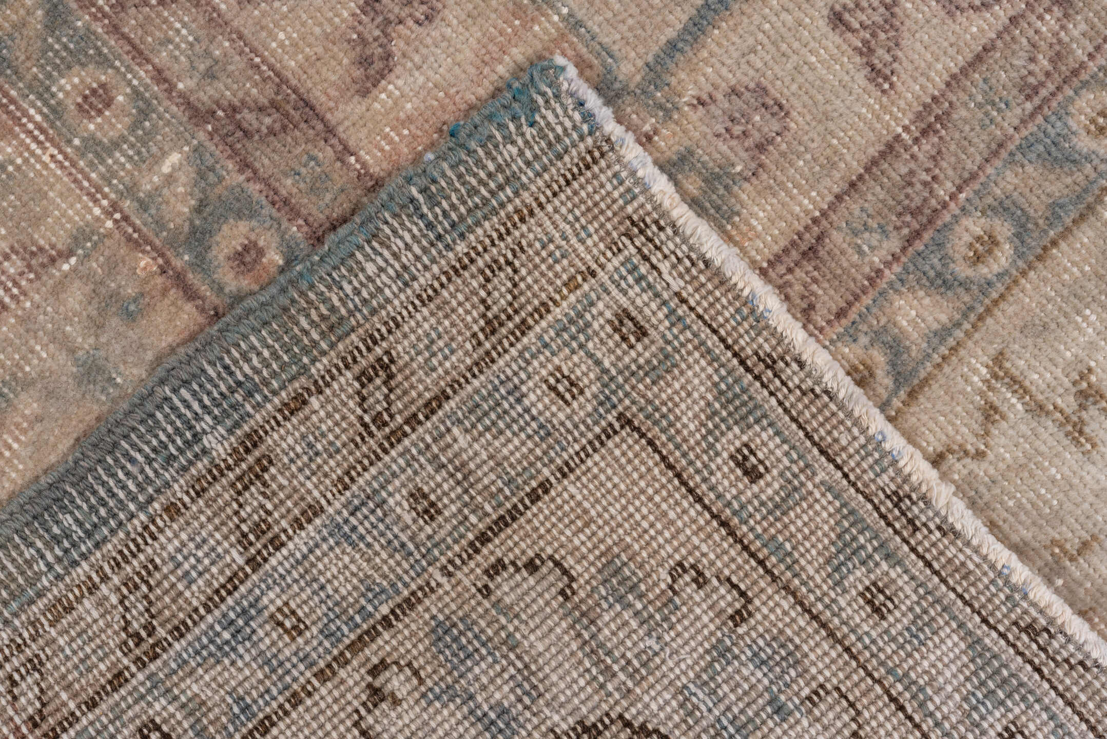 8' x 11' one-of-a-kind handmade vintage Oushak large size rug. Color palette: ivory, blue, taupe, rose, sage, beige, gray