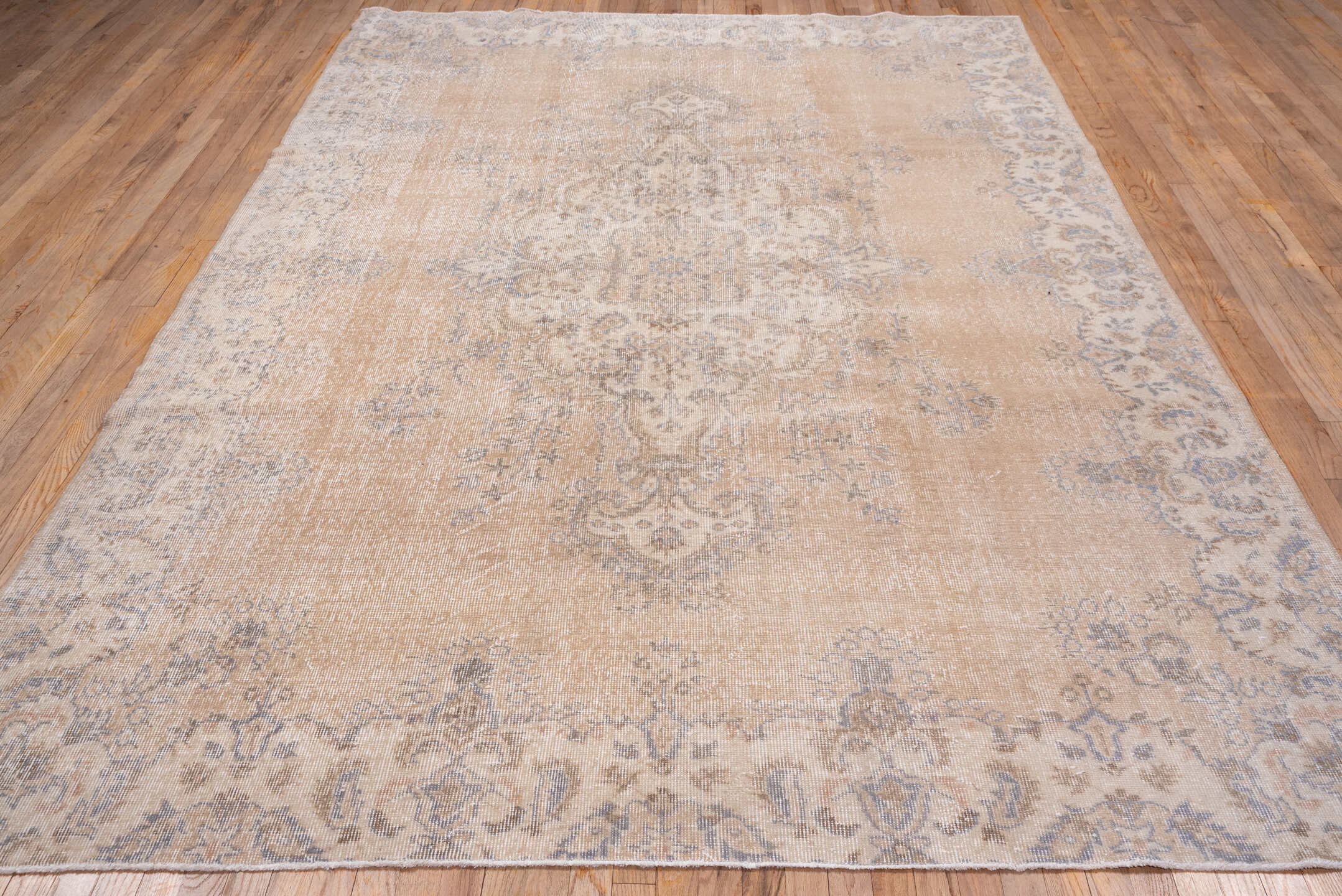 7' x 10' one-of-a-kind handmade vintage Oushak large size rug. Color palette: beige, ivory, taupe, pale blue, gray