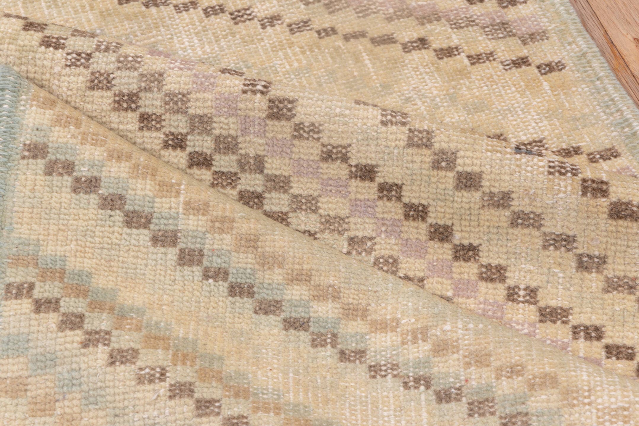 2' x 9' one-of-a-kind handmade vintage Oushak runner rug. Color palette: ivory, cream, taupe, blush, beige, gray, pink
