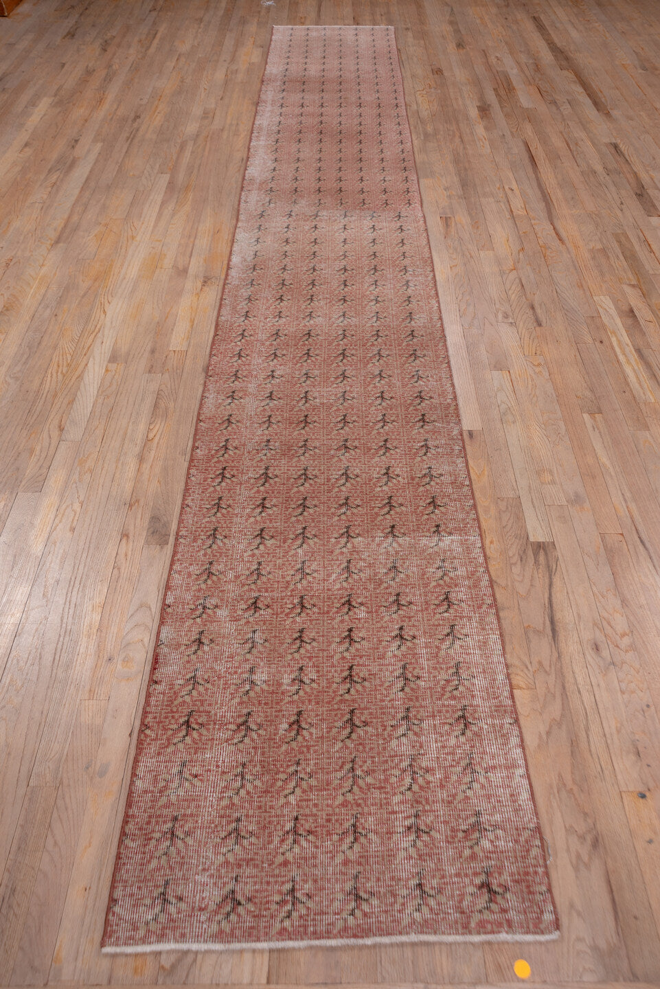2' x 16' one-of-a-kind handmade vintage Oushak runner rug. Color palette: brown, gray, off-white, pink, red, redwood, snow