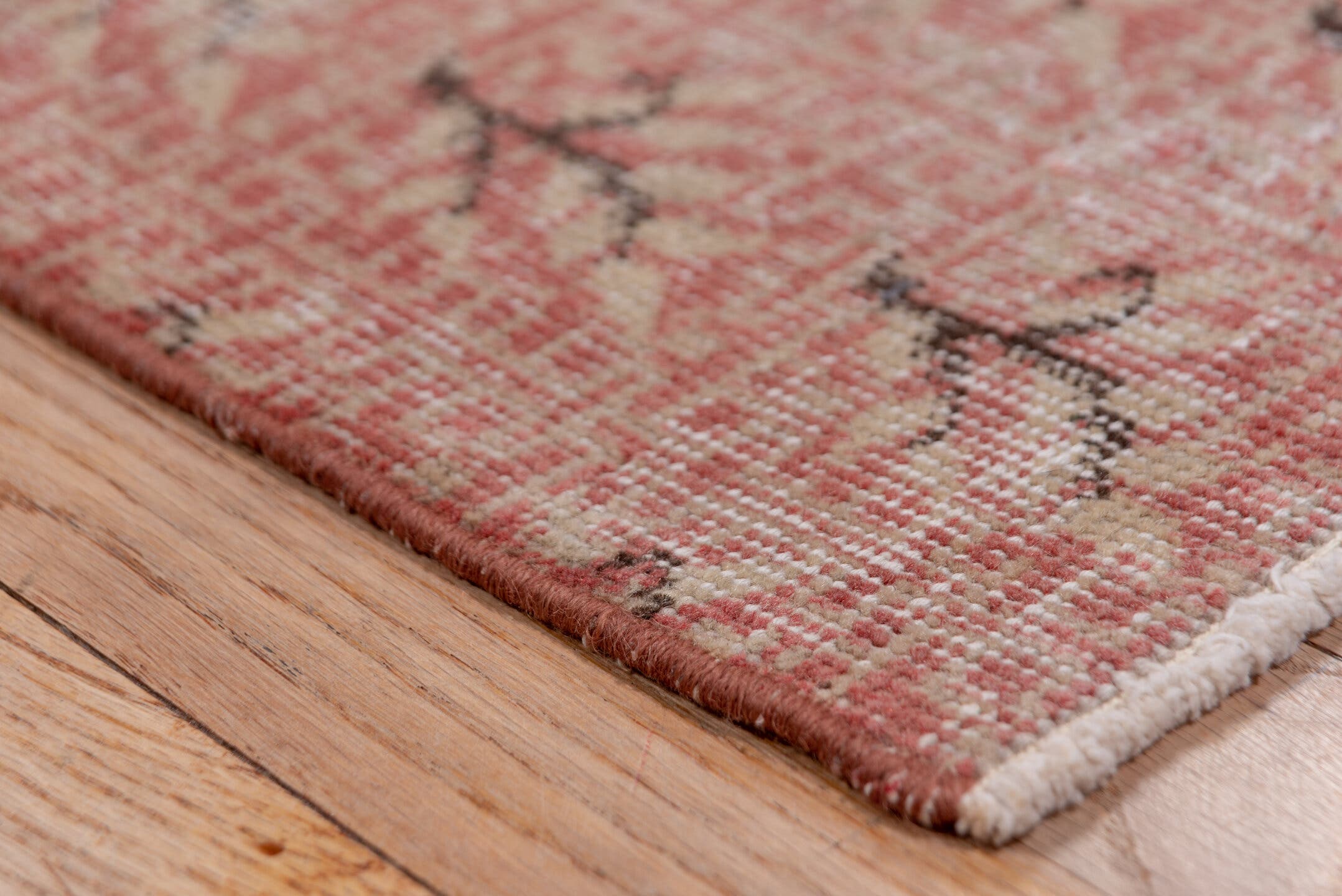 2' x 16' one-of-a-kind handmade vintage Oushak runner rug. Color palette: rose, dusty pink, taupe, charcoal, ivory, pink