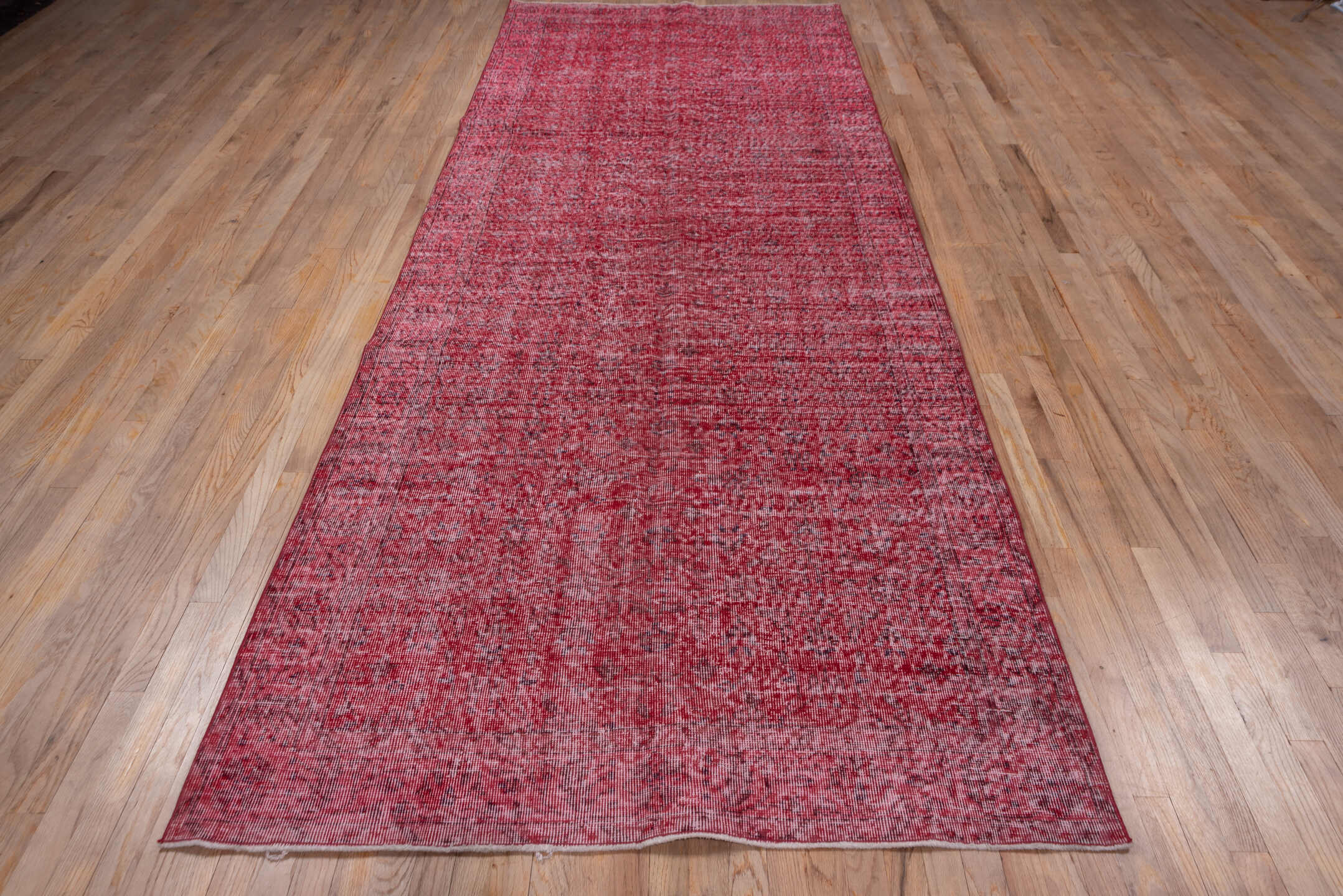 4' x 12' one-of-a-kind handmade vintage Overdyed runner rug. Color palette: rose, crimson, raspberry, burgundy, charcoal