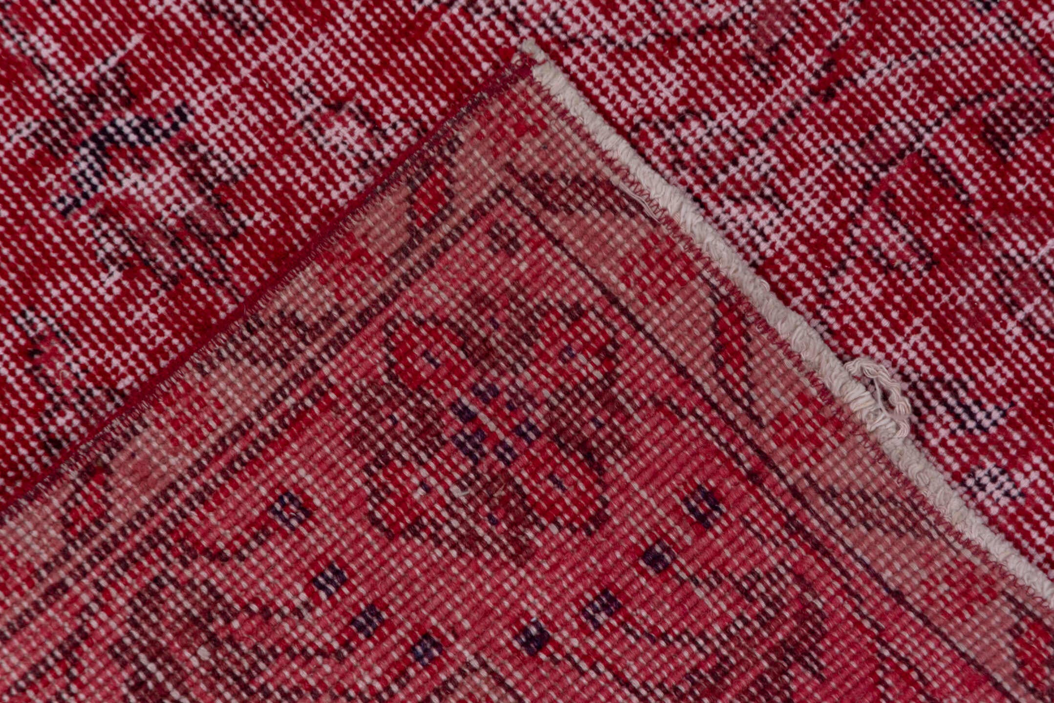 4' x 12' one-of-a-kind handmade vintage Overdyed runner rug. Color palette: rose, crimson, raspberry, burgundy, charcoal