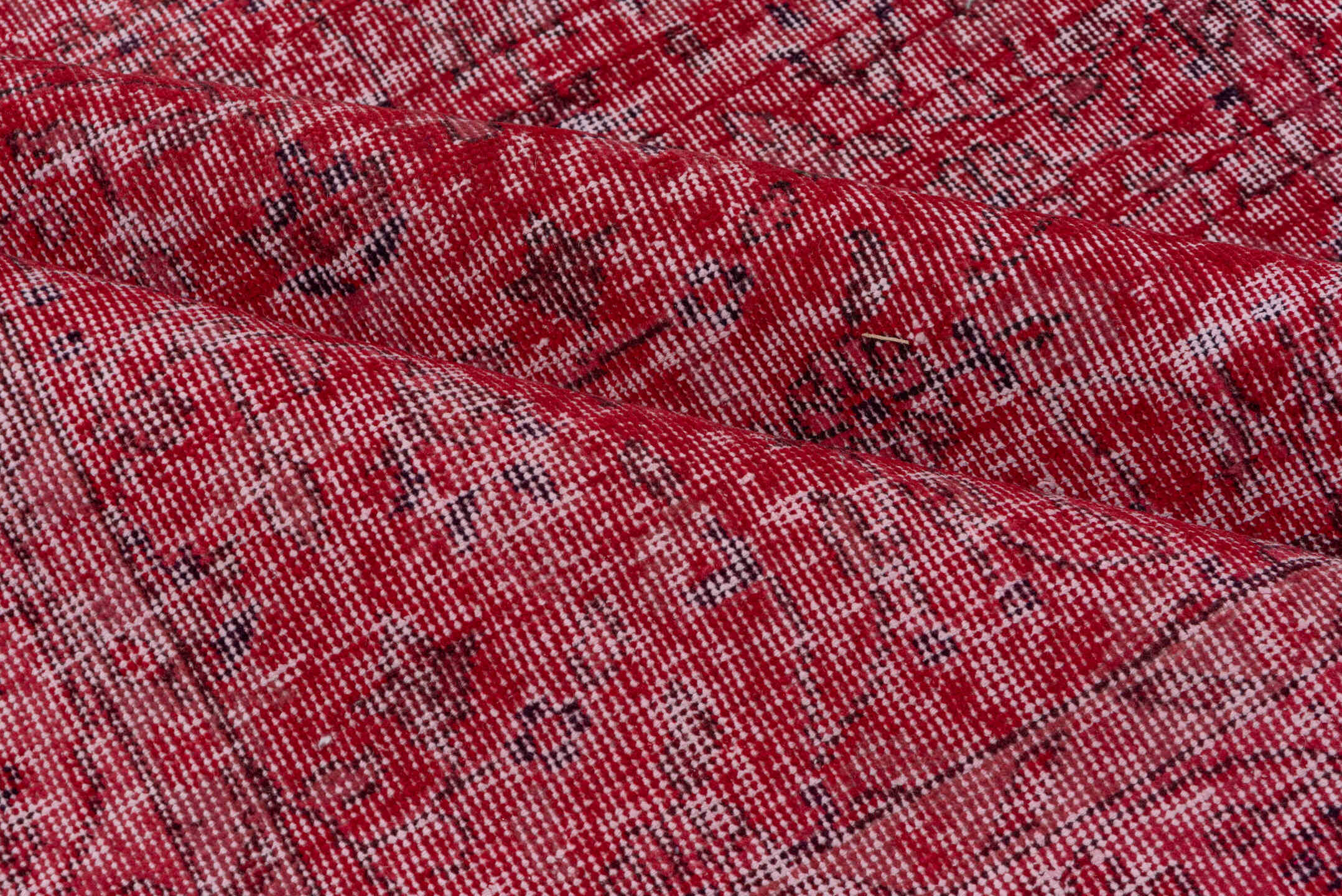 4' x 12' one-of-a-kind handmade vintage Overdyed runner rug. Color palette: rose, crimson, raspberry, burgundy, charcoal