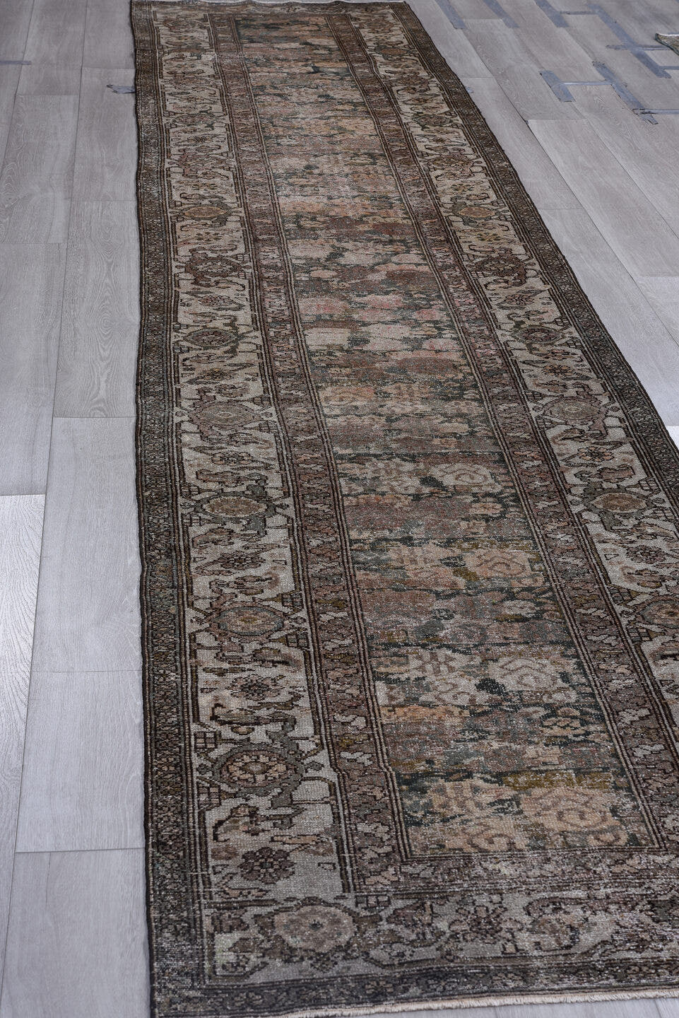 3' x 16' one-of-a-kind handmade antique Malayer runner rug. Color palette: taupe, charcoal, ivory, rose, rust, brown, sage